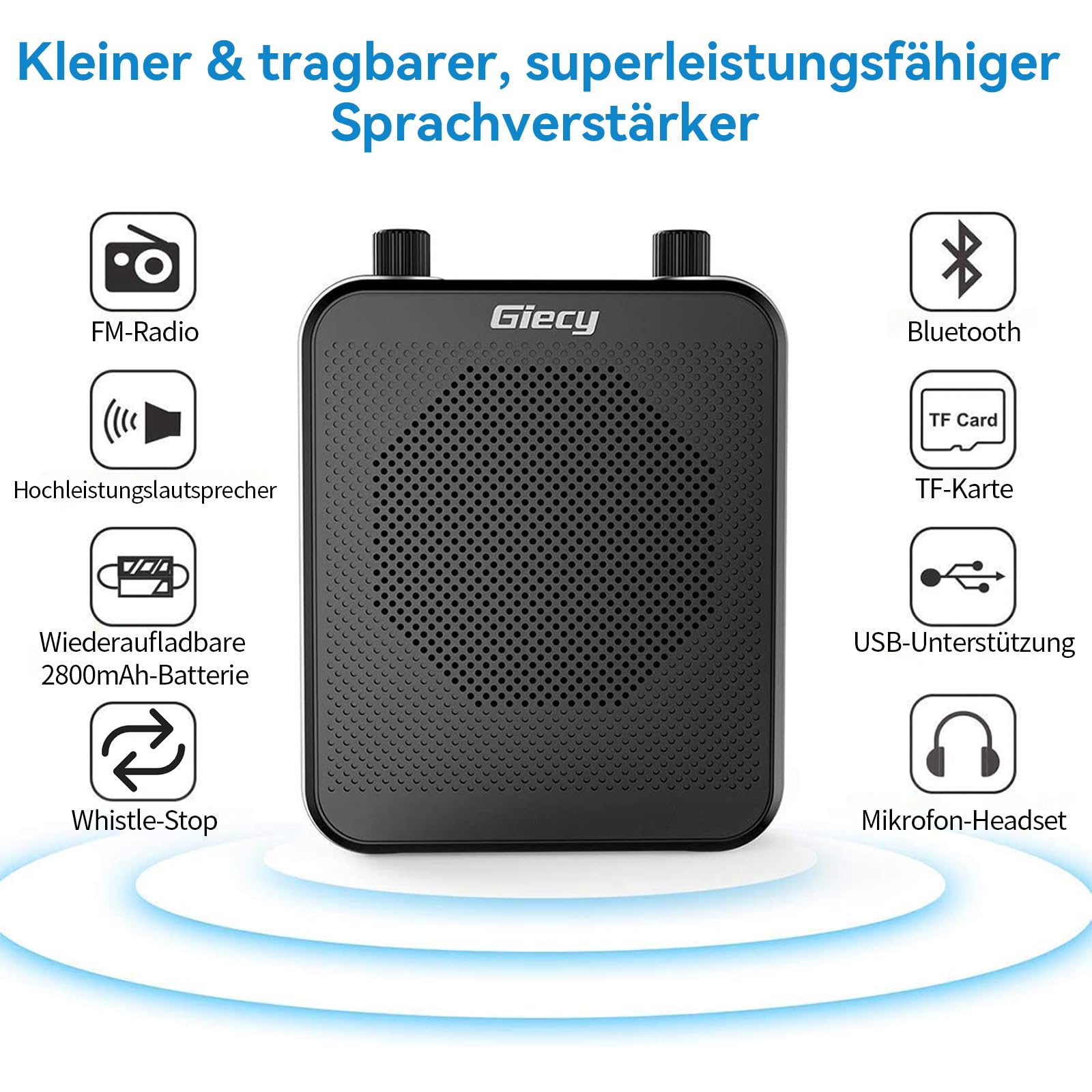 Sprachverstärker tragbar mit Mikrofon 7,4V/2800mAh Akku (14-17 Std. Laufzeit), Bluetooth, TF-Karte/USB, Aufnahme, Echo-Funktion, für Lehrer, Reiseführer, Konferenzen, Innen- & Außenbereic