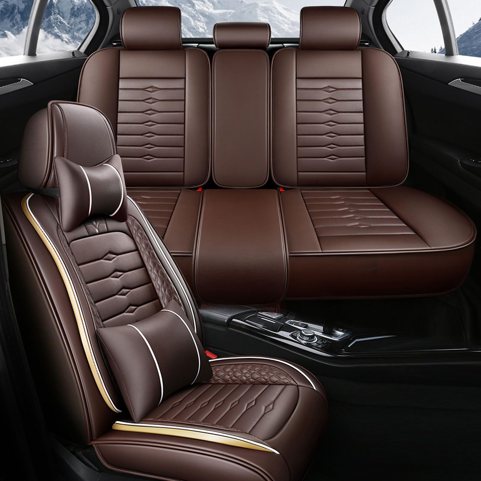 5 Full Truck Car Seat Covers Fit Silverado: 2007-2018 Chevy Chevrolet Silverado GMC Sierra 1500 2500HD 3500HD,Nappa Car Seat Cover Compatible Airbag(5 Full Seat with Pillow,Coffee)