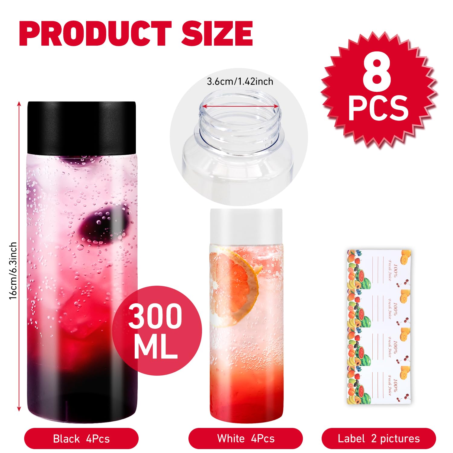XIANGLONGY Lot de 8 bouteilles de jus de 300 ml avec couvercles, réutilisables en plastique pour jus, smoothies, lait et boissons froides, bouteilles vides en PET pour rangement au réfrigérateur