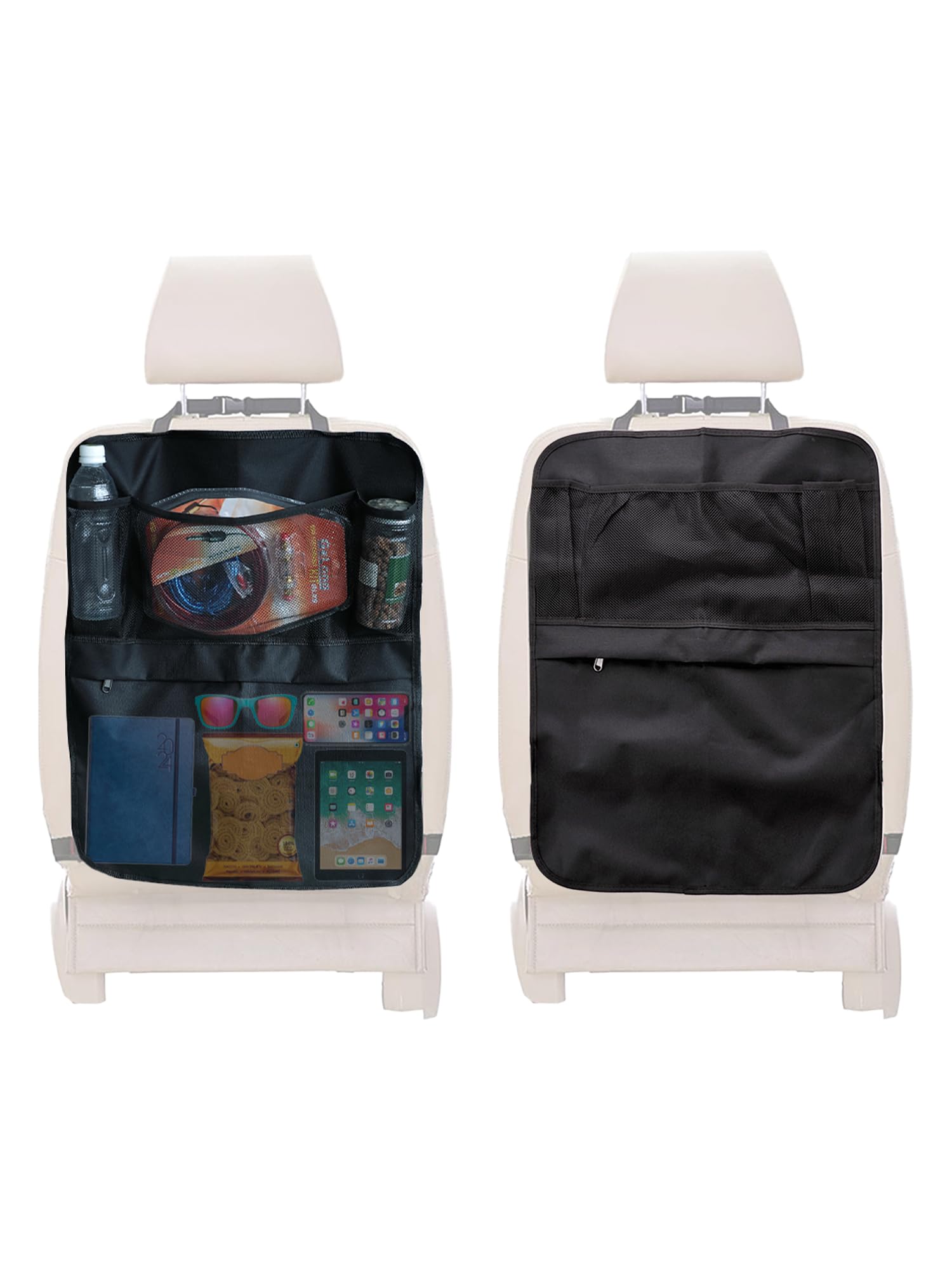 CARBINIC Car Back Seat Organizer | Foldable Storage Travel Organiser | Multi Pocket Storage for Bottle, Car Accessories, Gadgets, Toys | Efficient Car Storage | Black- Universal Fit | Pack of 2