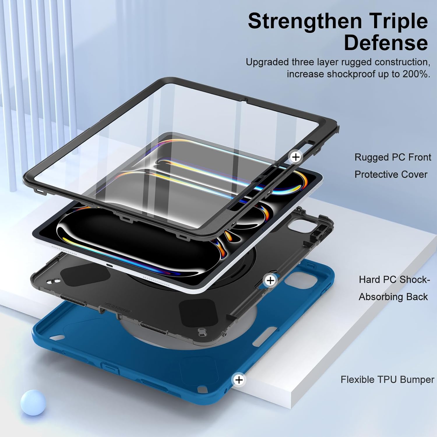 Miesherk Case for iPad Pro 13 Inch, Military Grade Heavy Duty Shockproof iPad 13 Case (2024, 7th Generation) - Screen Protector, Rotating Stand, Pencil Holder, Hand/Shoulder Strap, Blue