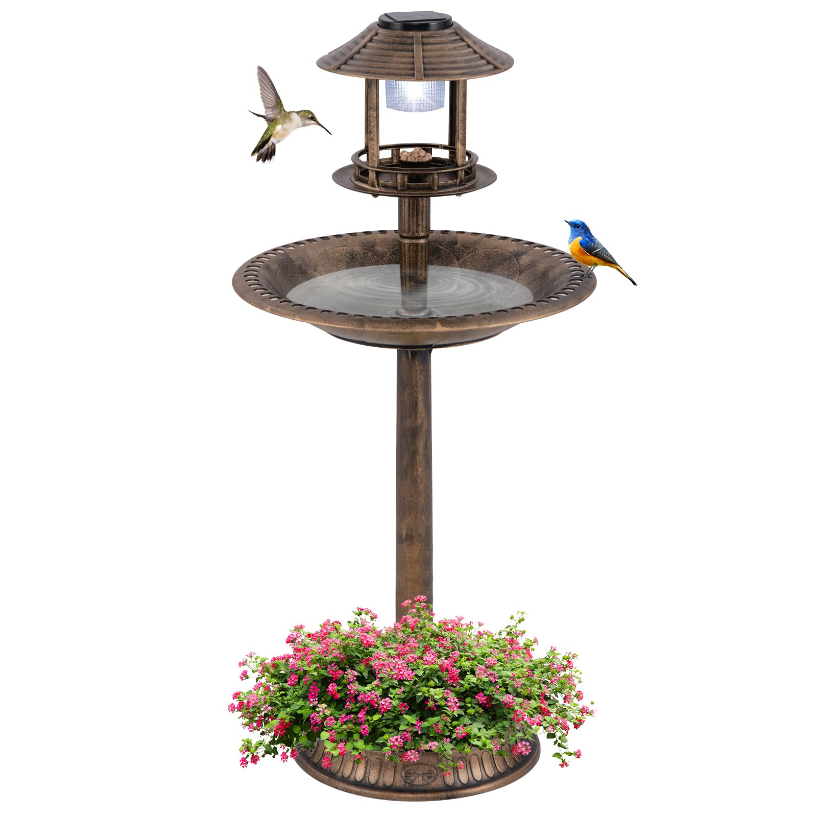 COSTWAY Mangiatoia Decorativa per Uccelli, Casetta per Uccellini da Esterno con Base per Fioriera, Lampada Solare, Decorazione Vintage da Giardino e Cortile (Bronzo)