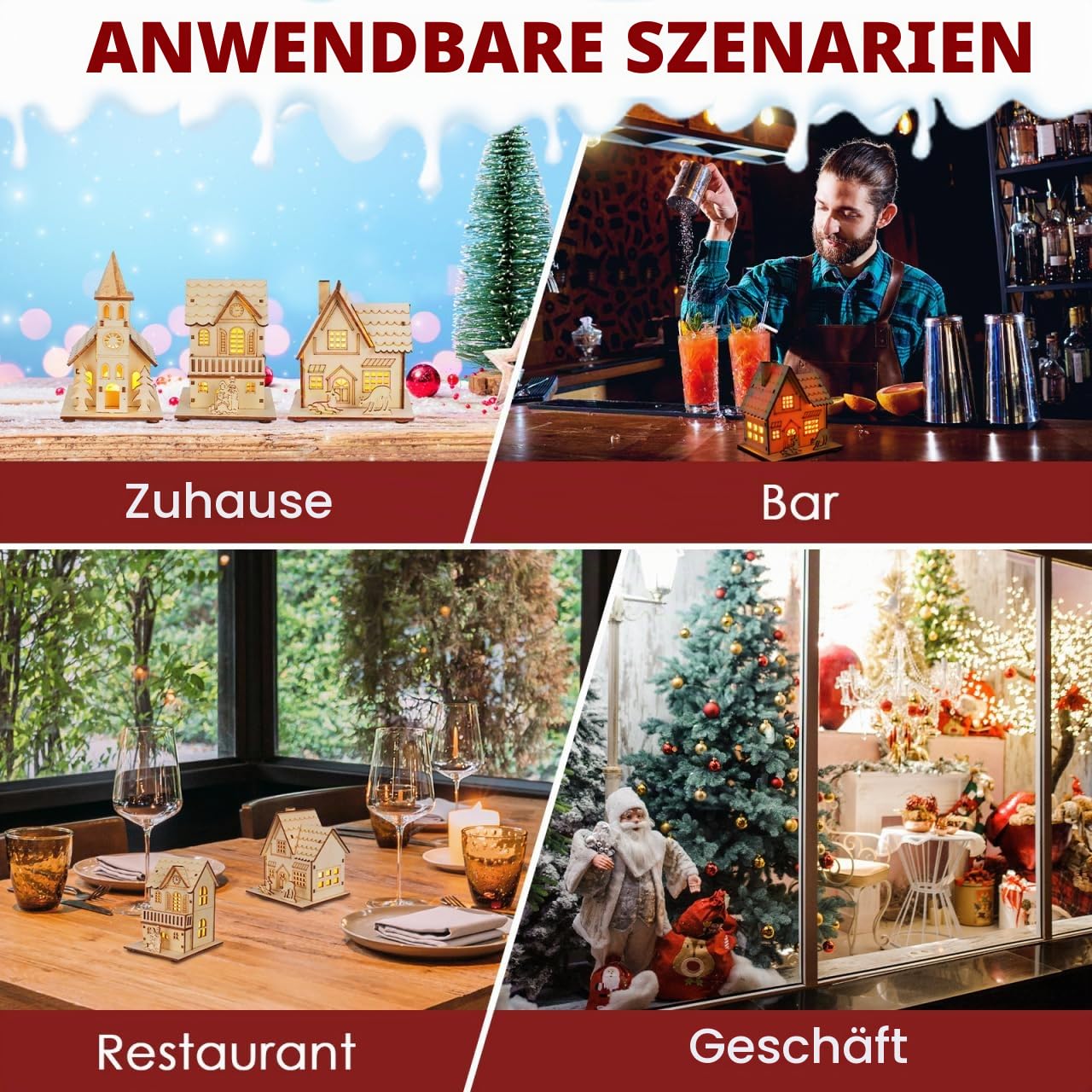Gatuida Weihnachtsdorf mit Beleuchtung: 3 Stück Weihnachtshäuser mit Beleuchtung Leuchtende Holzhaus Deko Weihnachtsdorf Häuser Weihnachtsstadt Winterdorf für Weihnachten Tischdekoration Kaminsimse