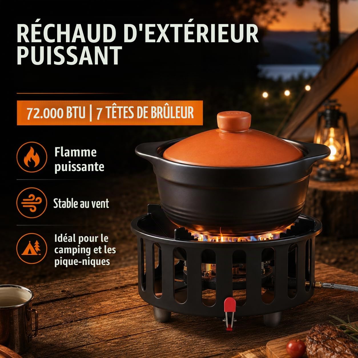 Réchaud de camping 21000 W, portable, avec 3 adaptateurs pour propane et butane, cuisinière à gaz d'extérieur légère avec allumage électronique, idéal pour les randonnées, la randonnée et le camping