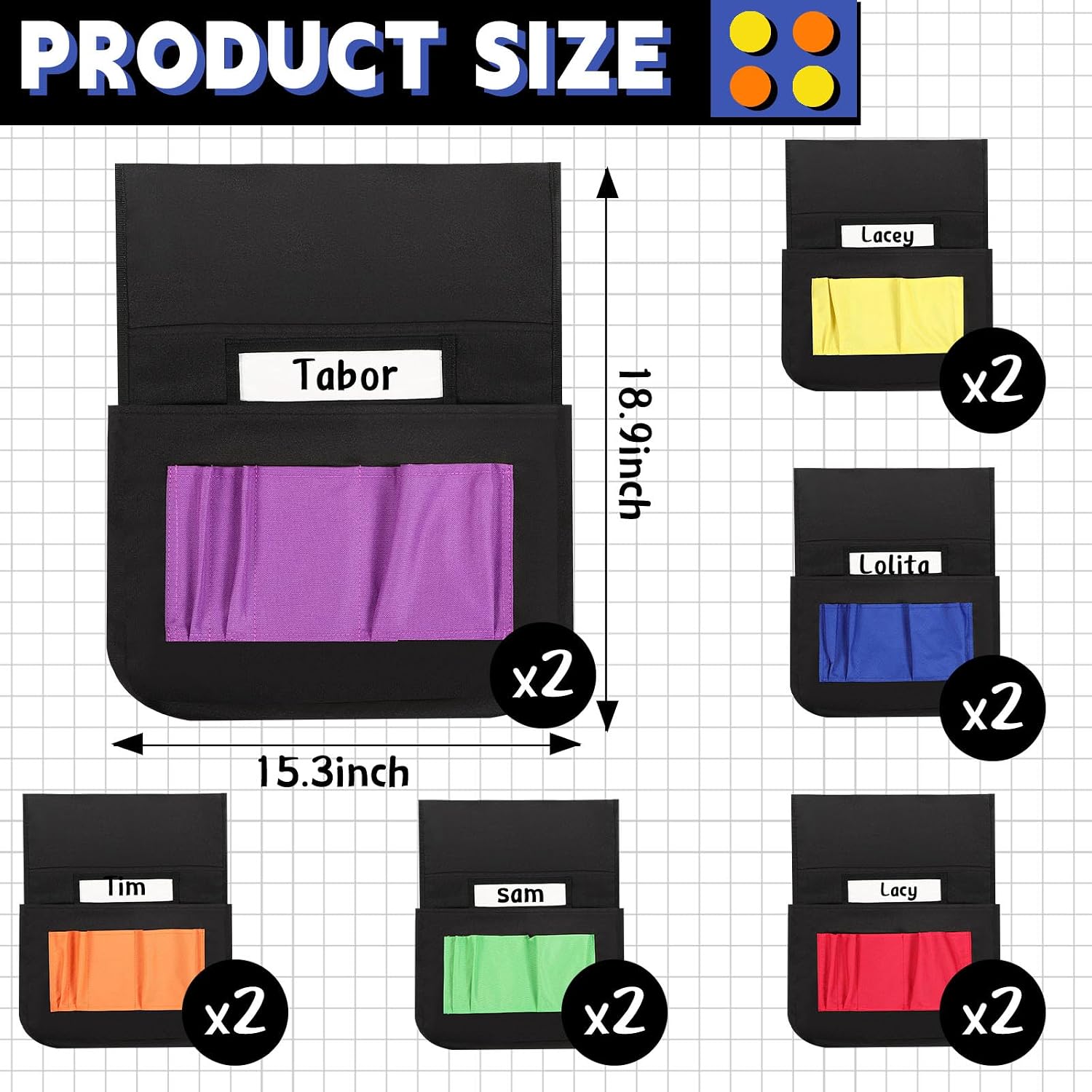 Tisancy 12 Pcs Chair Storage Pockets for Classroom Chairs K-2 Christmas Gifts Bulk 15" x 19" Chairback Pocket Chart School Seat Back Organizer Bag with 6 Pocket 1 Name Slot for Student(Charming Color)