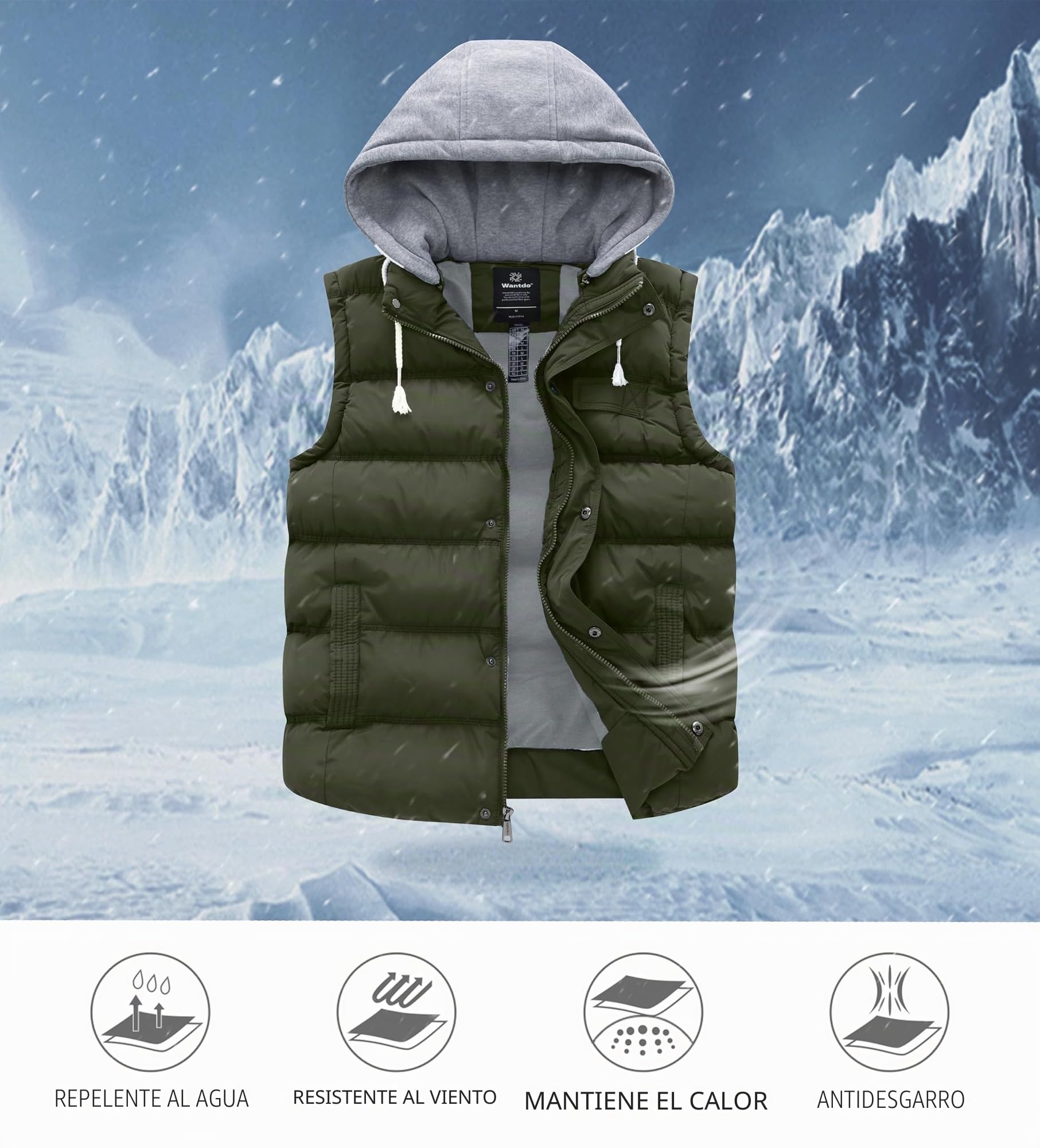 Wantdo Chaleco Acolchado para Hombre Chaleco Cálido de Invierno Chaqueta sin Mangas al Aire Libre Hombres