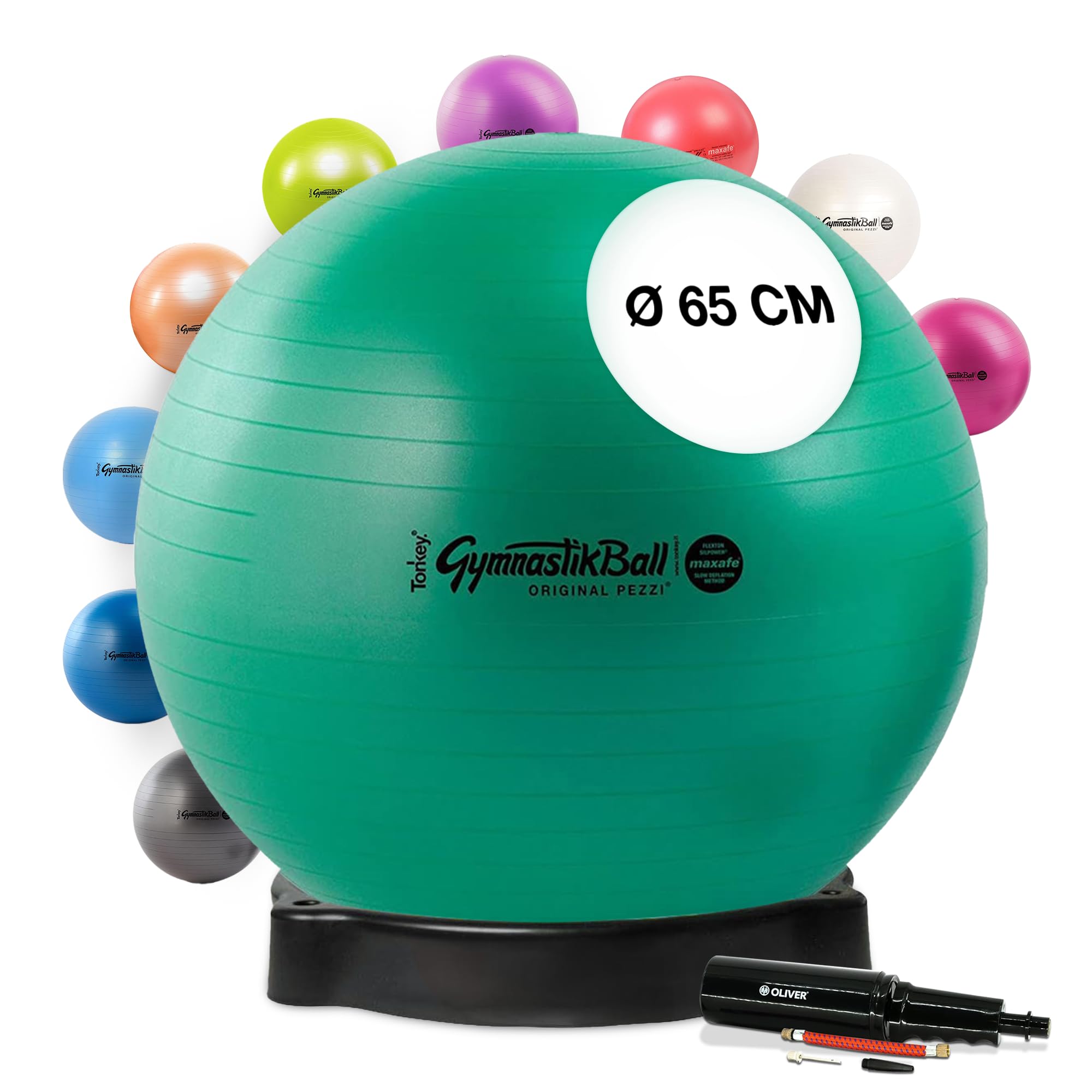 Original Pezziball MAXAFE 65 cm grün m. Ballschale & Pumpe Kombi Gymnastikball