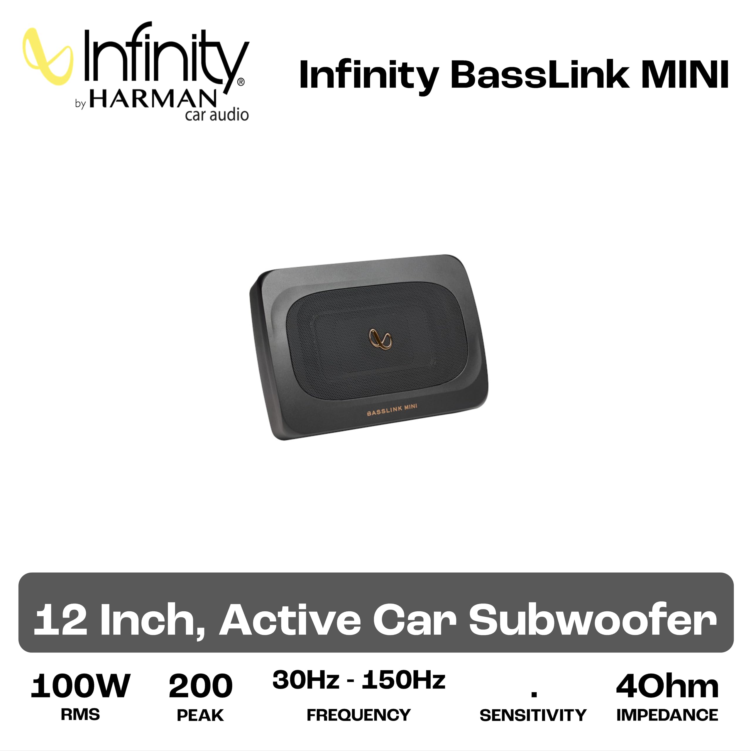 Infinity BassLink MINI 152x203mm 6x8 Zoll Aktiver Underseat Subwoofer mit 100W RMS und 200W Max, Aluminiumgehäuse, 30Hz–150Hz Frequenzgang, Bass-Remote, 12dB Crossover, kompakt für Auto Einbau