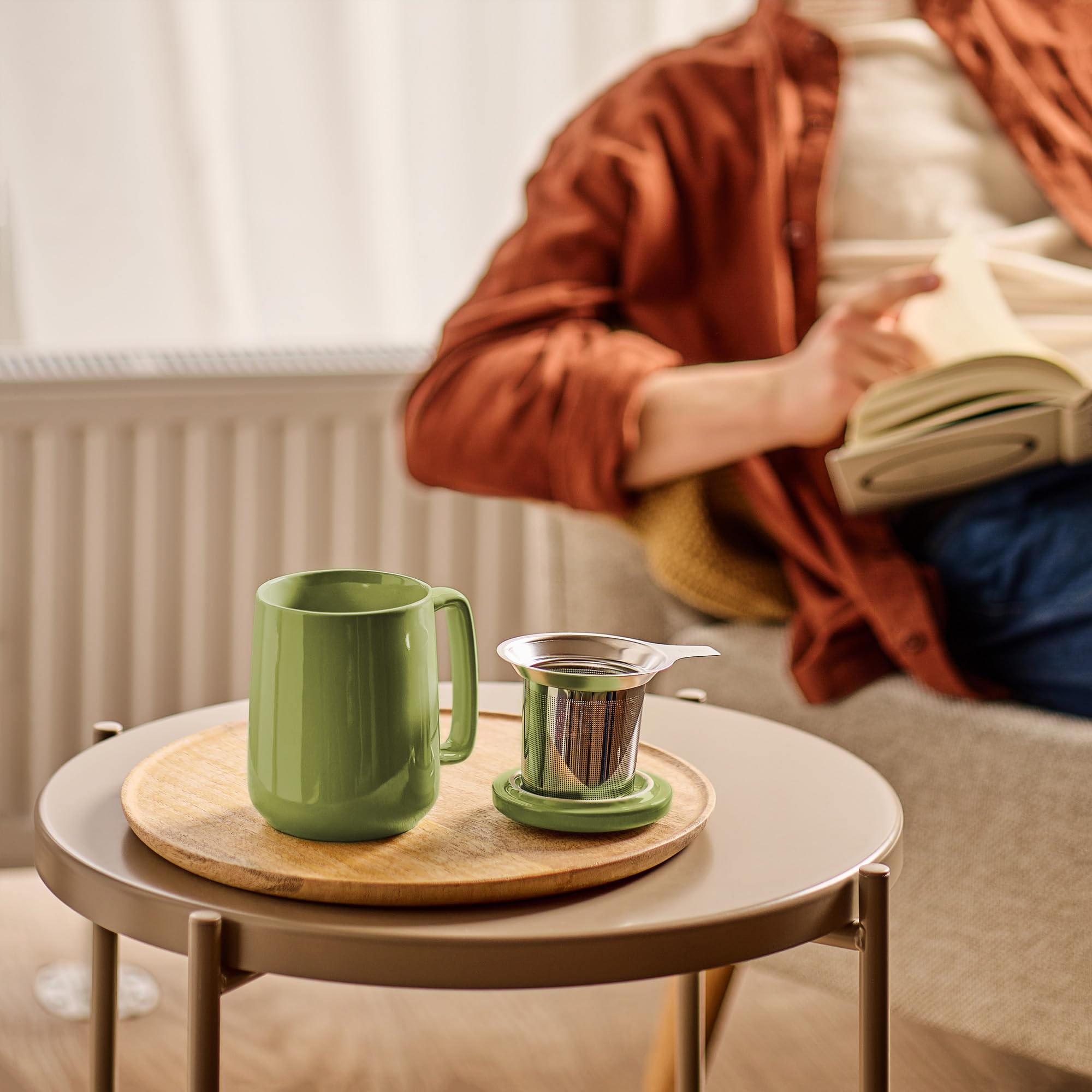 Teetasse mit Sieb und Deckel - Keramik - Hält Lange warm - 500ml XXL Groß - Spülmaschinenfest (Matcha Grün)