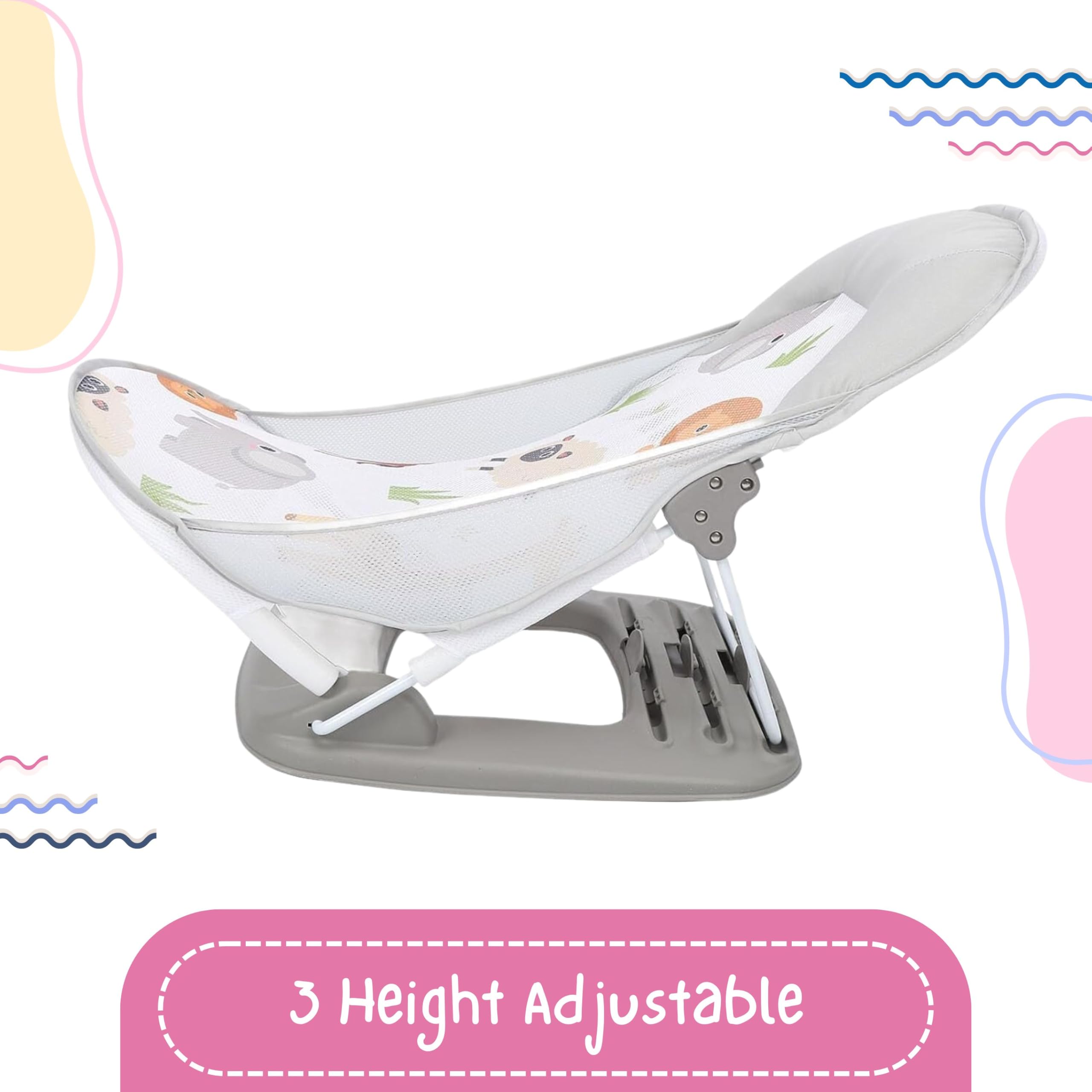 OBABY Newborn Baby Bather Foldable/Reclining/Quick Dry/Portable/Soft Cushion/Non-Slip 3 Position Adjustable, Printed and Colorful Infant Bather for Daily use. (0-18 Months) - Image 4 thumbnail