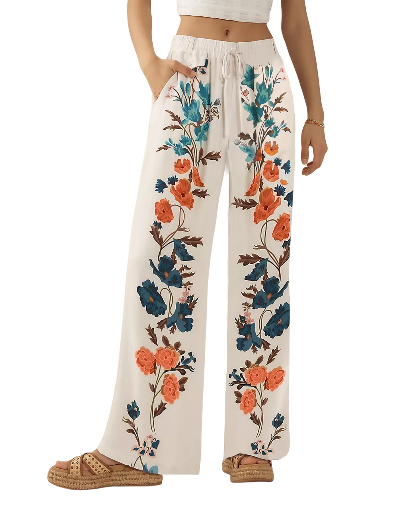 Kedera Womens Drawstring High Waist Floral Prints Trousers Straight Leg Pants Boho Summer Casual Wide Leg Pants