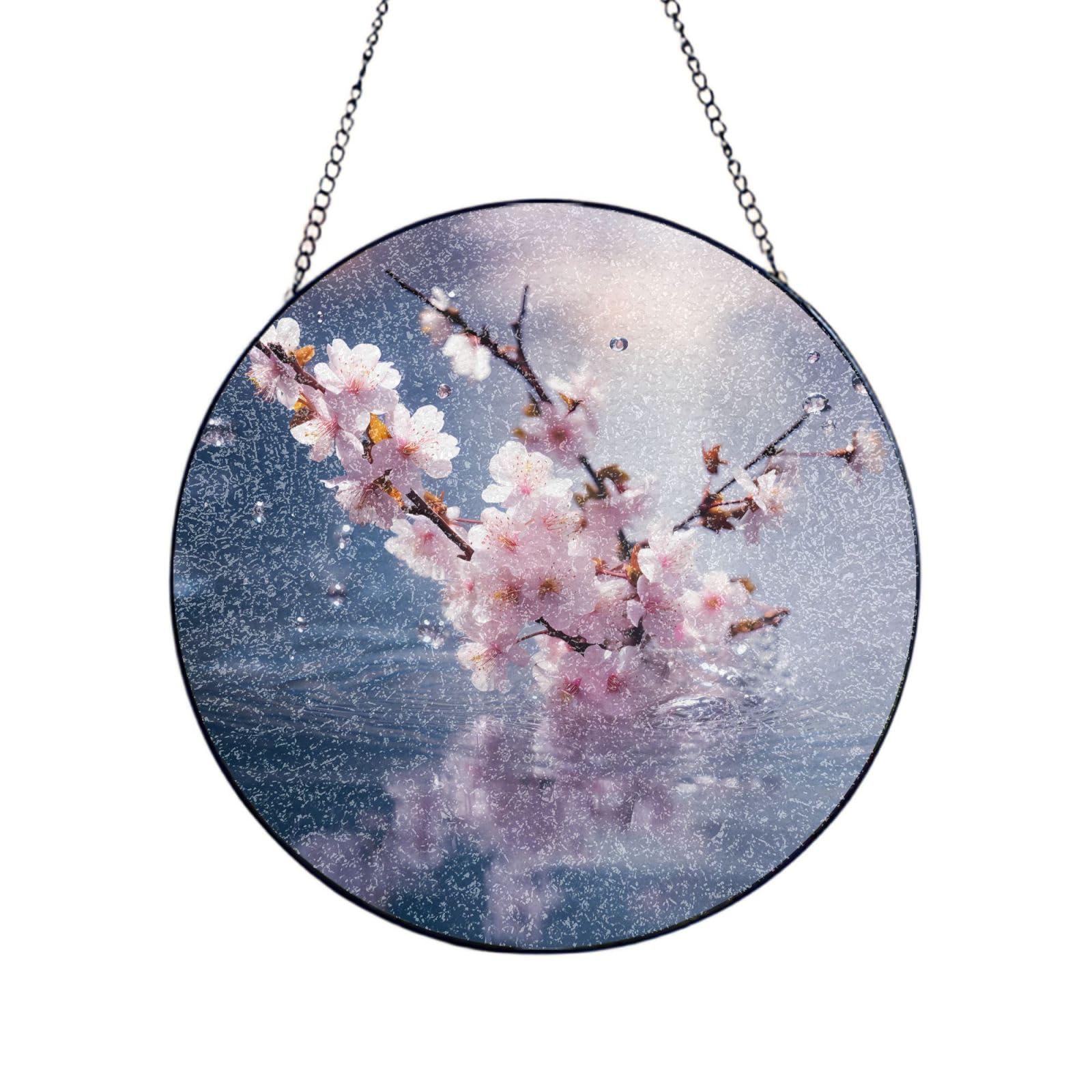Phayah Cherry Blossoms In The Water Print Stained Glass Window Hanging Suncatcher For Door Terrace Garden Home Decor Sun Catcher Birthday Gifts For Lovers Dad Mom 8in（20cm）