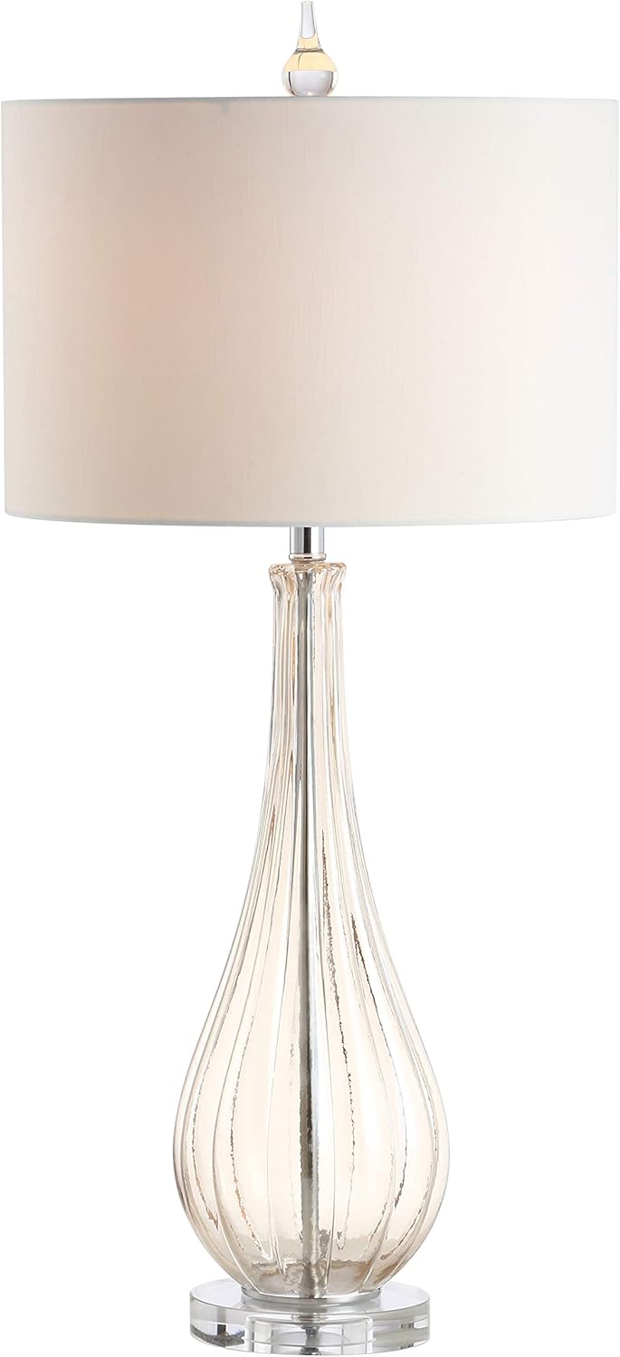 JONATHAN Y 32.75" Champagne Glass Table Lamp, Traditional Teardrop Crystal Bedside Lamp with White Faux Silk Drum Shade for Living Room, UL Listed, LED Bulb Included JYL2070A