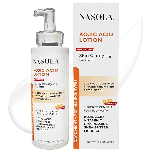 Nasola Loción de ácido kójico para aclarar la piel natural para rostro y cuerpo con vitamina C, niacinamida, manteca de karité, regaliz y té verde