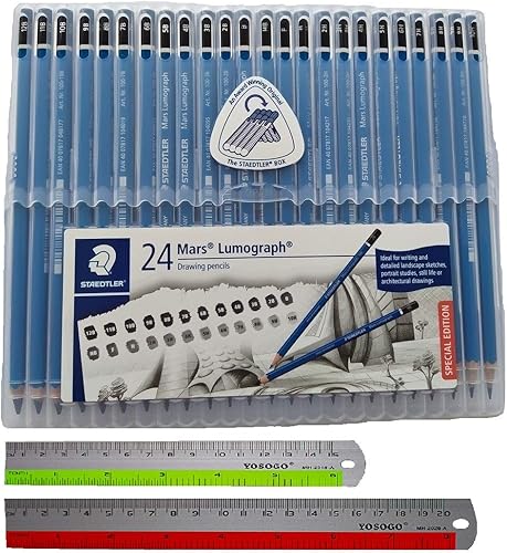 Staedtler Mars Lumograph - Lápices de madera - Paquete de 24 grados en práctica caja de almacenamiento de plástico con regla de aluminio de 6" y 8"