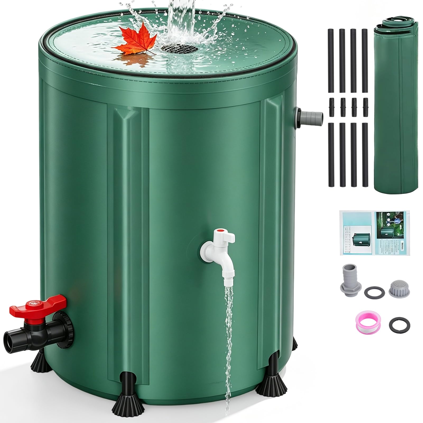 Warmiehomy Collapsible Rain Water Collectors-100L Portable Rain Barrel Water Collector to Collect Rainwater, PVC Water Catcher Container with Filter, Spigots＆Overflow Kit, Green