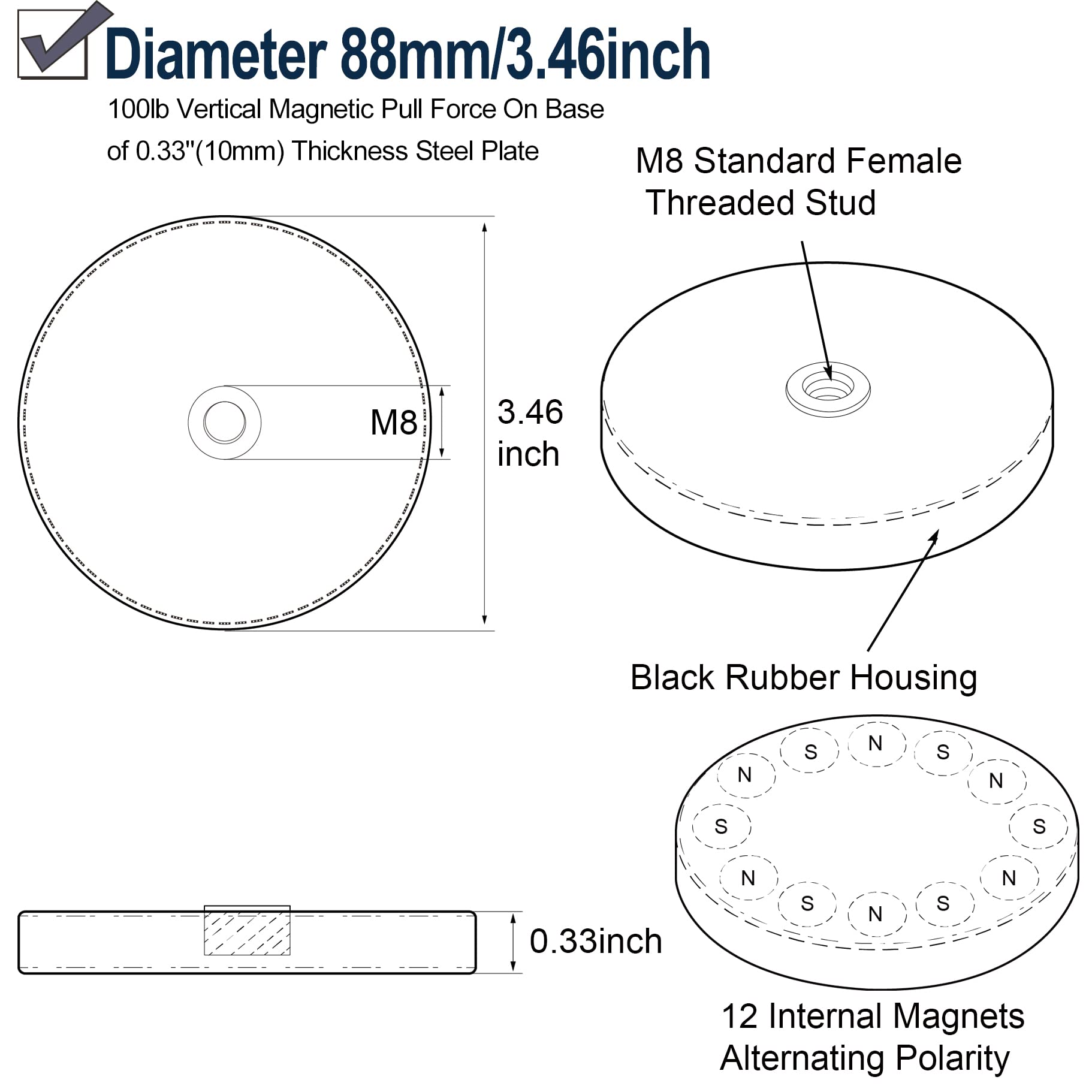 ULIBERMAGNET 2Pack Anti-Scratch 100LB Powerful Neodymium Round Rubber Coated Magnet Base with M8 Female Thread Stud, Strong Magnetic Magnet for Led Working, Signal Lights & Tools — Amazon image 2