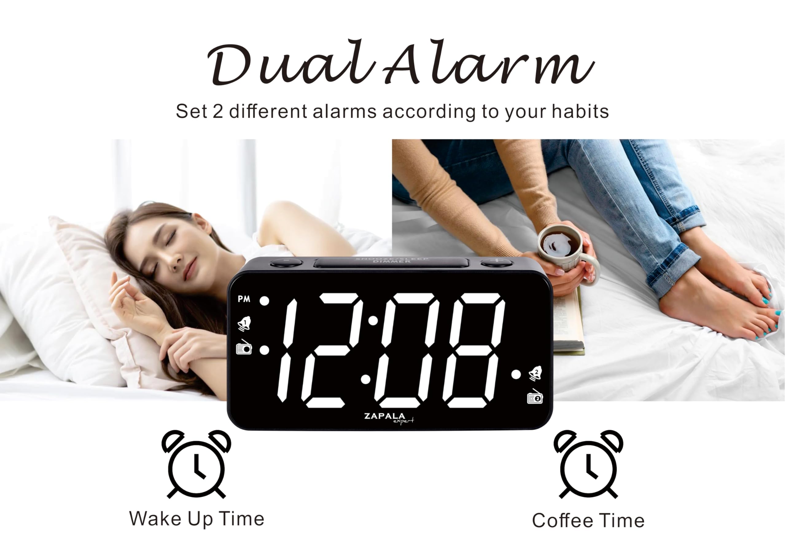Radiosveglia con 2 sveglie, display a LED Jumbo, radio FM digitale con porta di ricarica USB, volume e dimmer regolabili, snooze per bambini che dormono profondamente