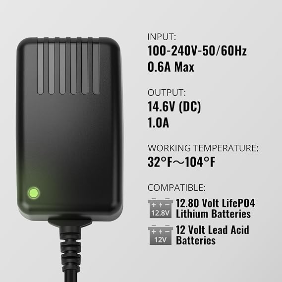 TYKOOL 12V 1A DC Smart Battery Charger,with Dual Alligator Clips Connector, Compitable for 12v Lithium Iron Phosphate Battery, 12v Lead Acid AGM Battery, Fits for Motorcycle,Car,Trucks,Lawn Mower
