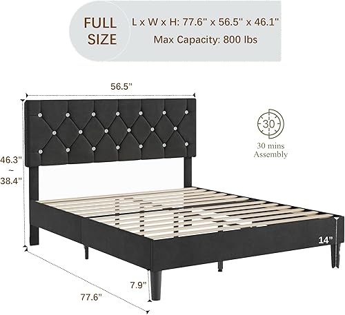 Miniatura 28 de VECELO Base de cama de tamaño individual, plataforma tapizada con cabecera ajustable de diamante, soporte de listones de madera, no necesita somier,