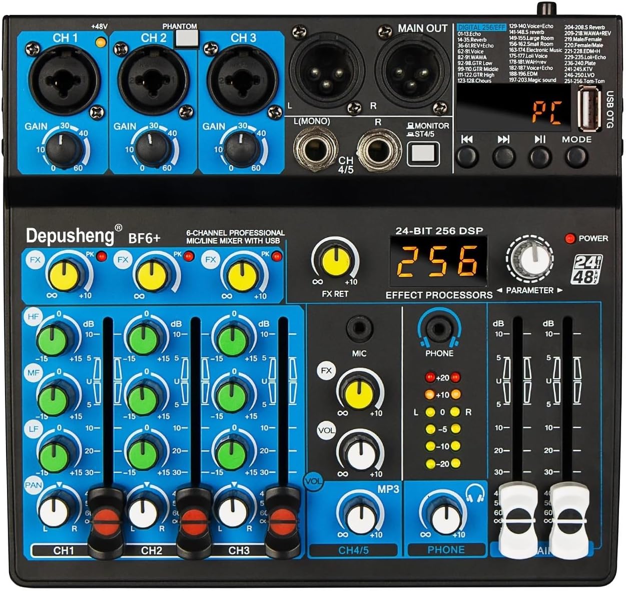 DJ Controller, 5 Channel USB Mixer DJ Sound Controller Mini Mixer Professional Portable Sound Mixing Console With 256 DSP