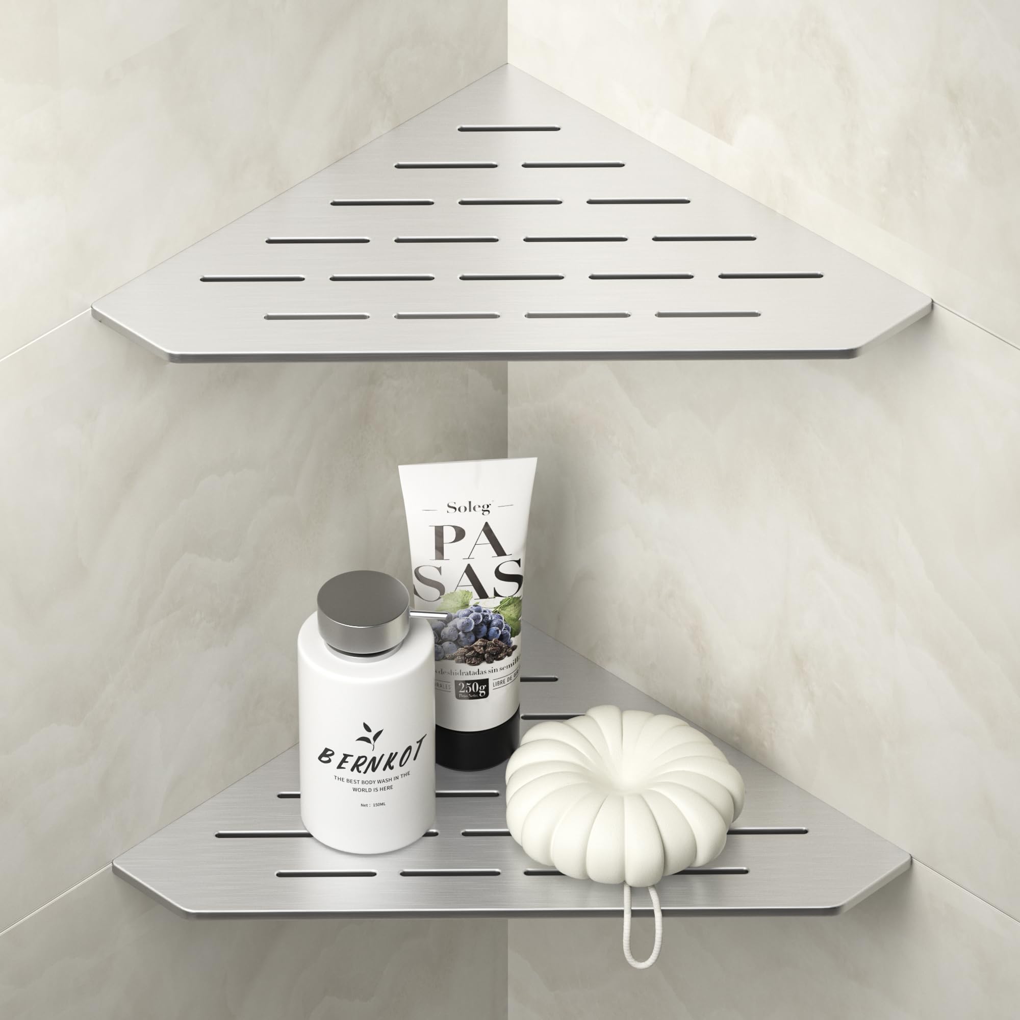 Bernkot Corner Shower Shelf 10 Brushed 304 Stainless Steel Pentagonal Heavy Duty Floating Corner Sheves Slot Design Recessed