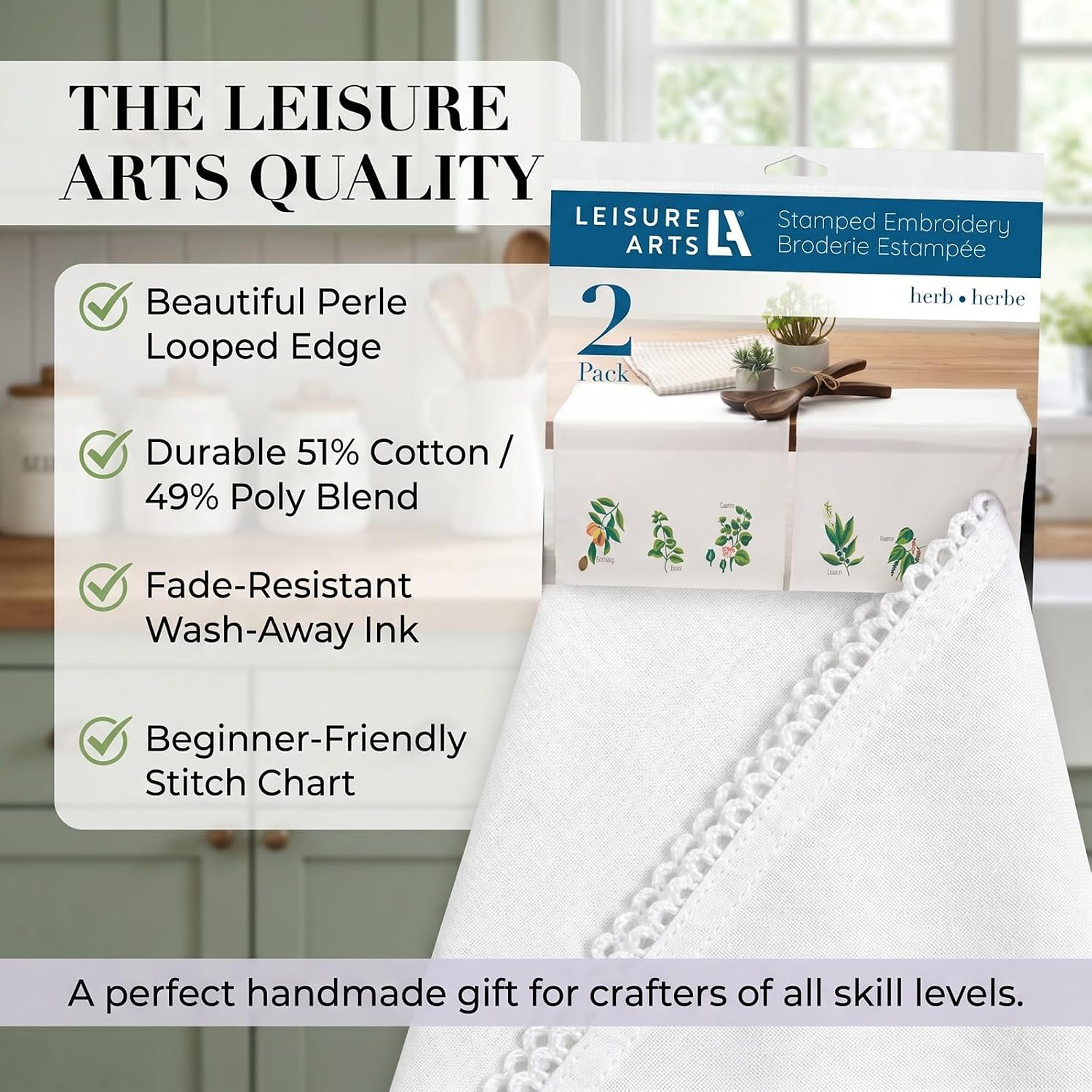 LEISURE ARTS Stamped Tea Towel with Perle Edge, Herb Garden, 2 Pack, 17x28 Inch, Percale Stamped Embroidery Fabric, DMC Anchor Coats Floss Guide
