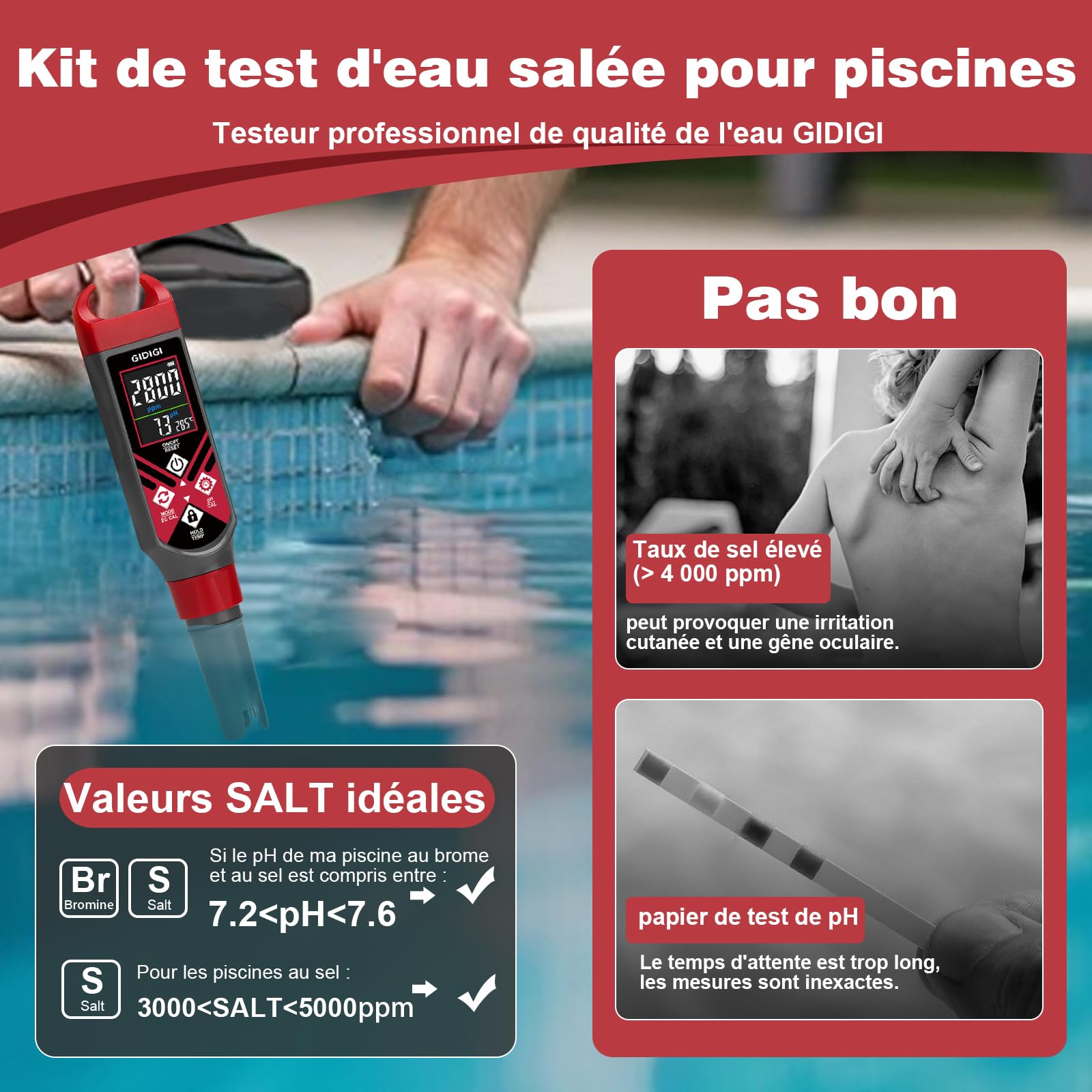 Testeur de sel pour piscine, Testeur de pH 5 en 1 avec écran couleur,Affichage simultané du pH, de la salinité et de la température,Convient aux piscines, aquariums, spas et hydroponiques