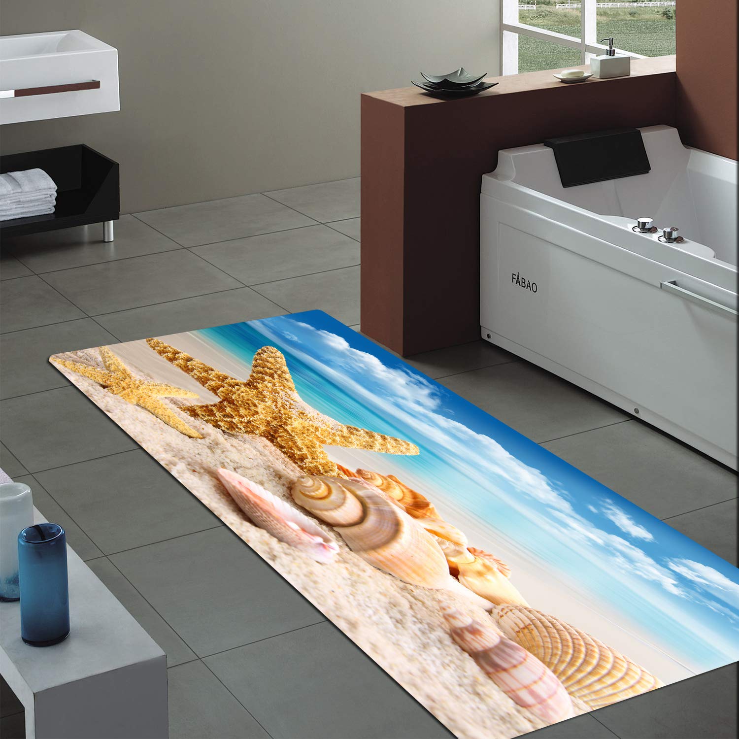Tappetini assorbenti antiscivolo in bagno e cucina, in flanella luminosa e resistente, con stampa 3D in soggiorno, e tappeto decorativo a tema spiaggia di conchiglie da 180 x 61 cm