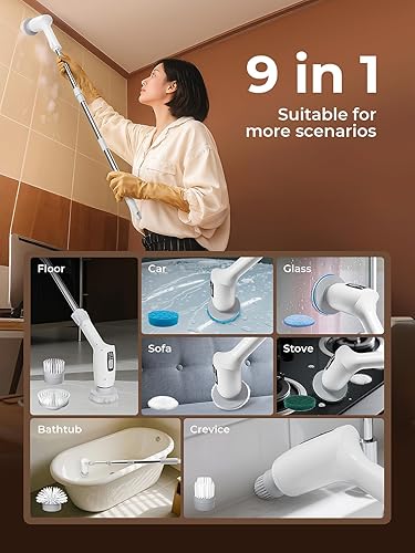 Miniatura 8 de Limpiador eléctrico giratorio, cepillo de limpieza inalámbrico con 9 cabezales de cepillo reemplazables, mango de extensión de 3 velocidades para