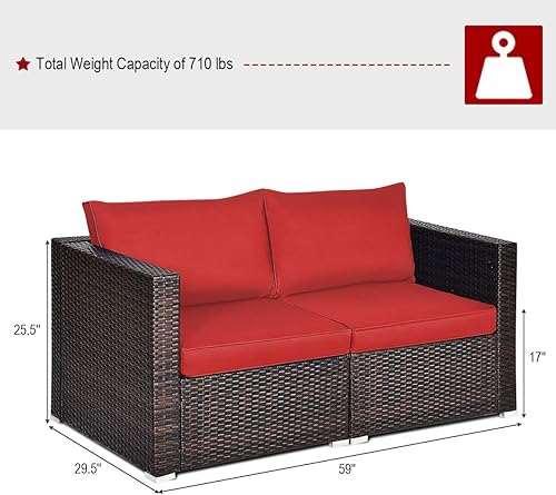 Vista 12 de Tangkula - Sofá de mimbre con cojines extraíbles, 2 piezas, sofá para balcón, terraza, jardín y piscina