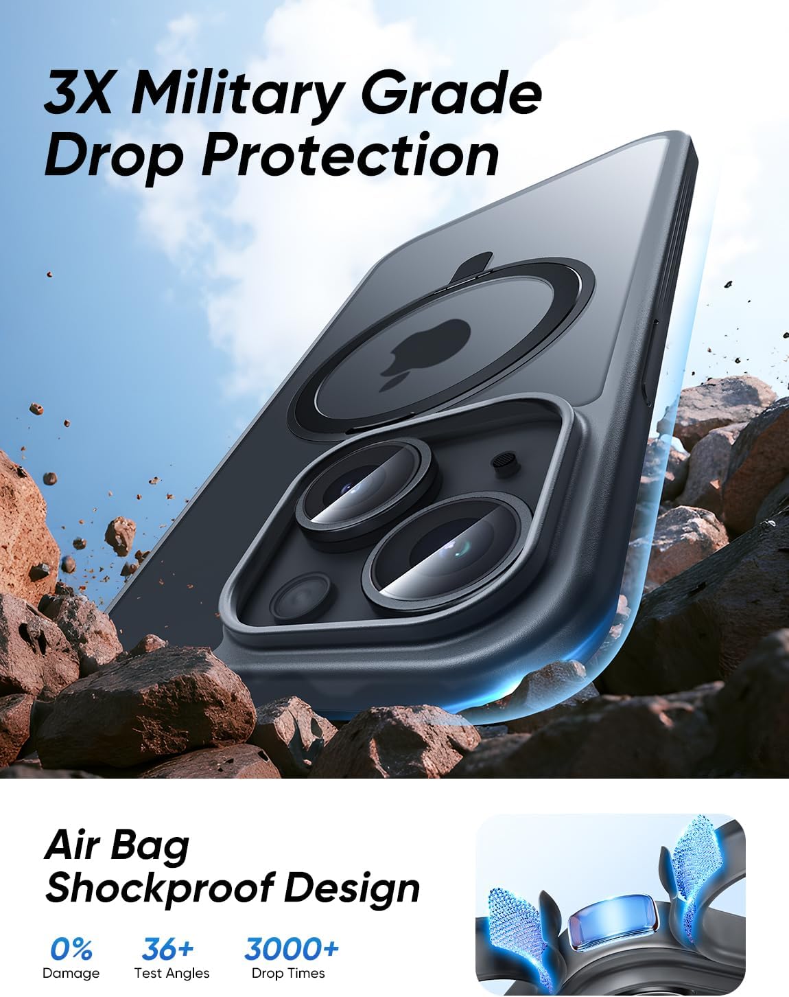 MAGIC JOHN for iPhone 15 Case 360° Rotatable Magnetic Invisible Stand, Fit for MagSafe 15 Phone Case, 16FT Military Grade Shockproof for iPhone Case with Kickstand, Black - Image 3