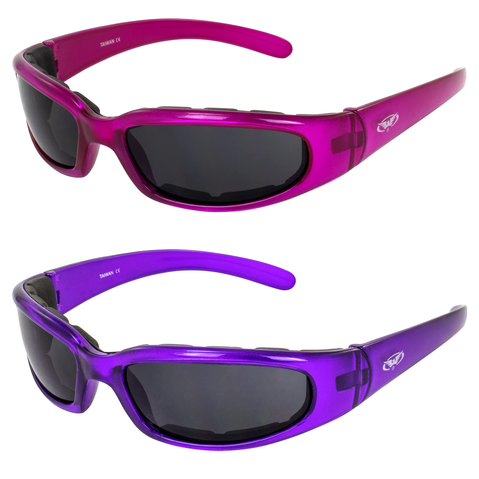 Global Vision 2 Pairs Chicago Padded Motorcycle Sunglasses for Women Scratch-Resistant Pink & Purple Frames w/Super Dark Lenses