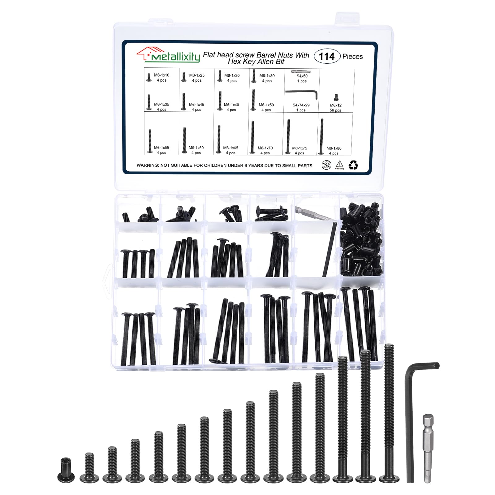 METALLIXITY Bulloni di Collegamento (M6-1x16/20/25/30/35/40/45/50/55/60/65/70/75/80mm) 114Pz, Kit di Viti a Testa Cilindrica Dadi a Barra Guida Esagonale Chiave Allen, Nero