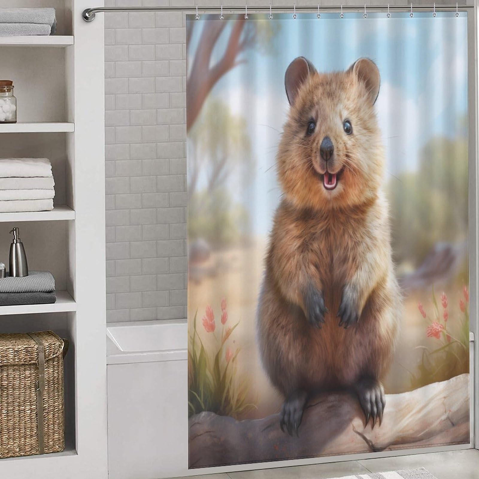 Rideau baignoire Quokka anti-moisissure en tissu avec 12 crochets inclus
