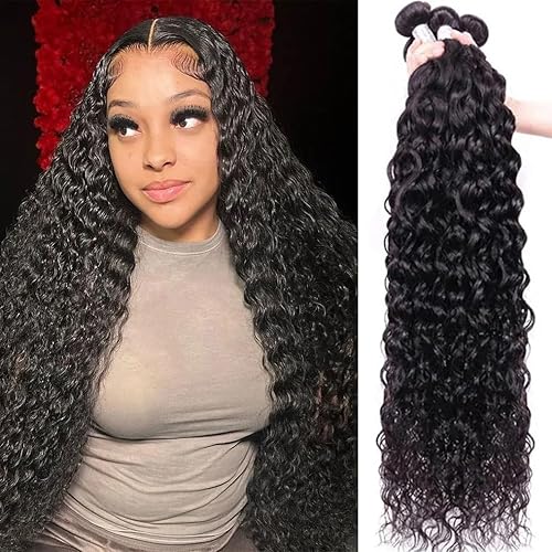 Human Hair Bundles Water Wave 3 Bundles 22 24 26 Inch 10A Brazilian Deep Curly Bundles 100% Unprocessed Virgin Wet and Wavy Bundles Human Hair for Women Natural Black Color Weave Hair Extension