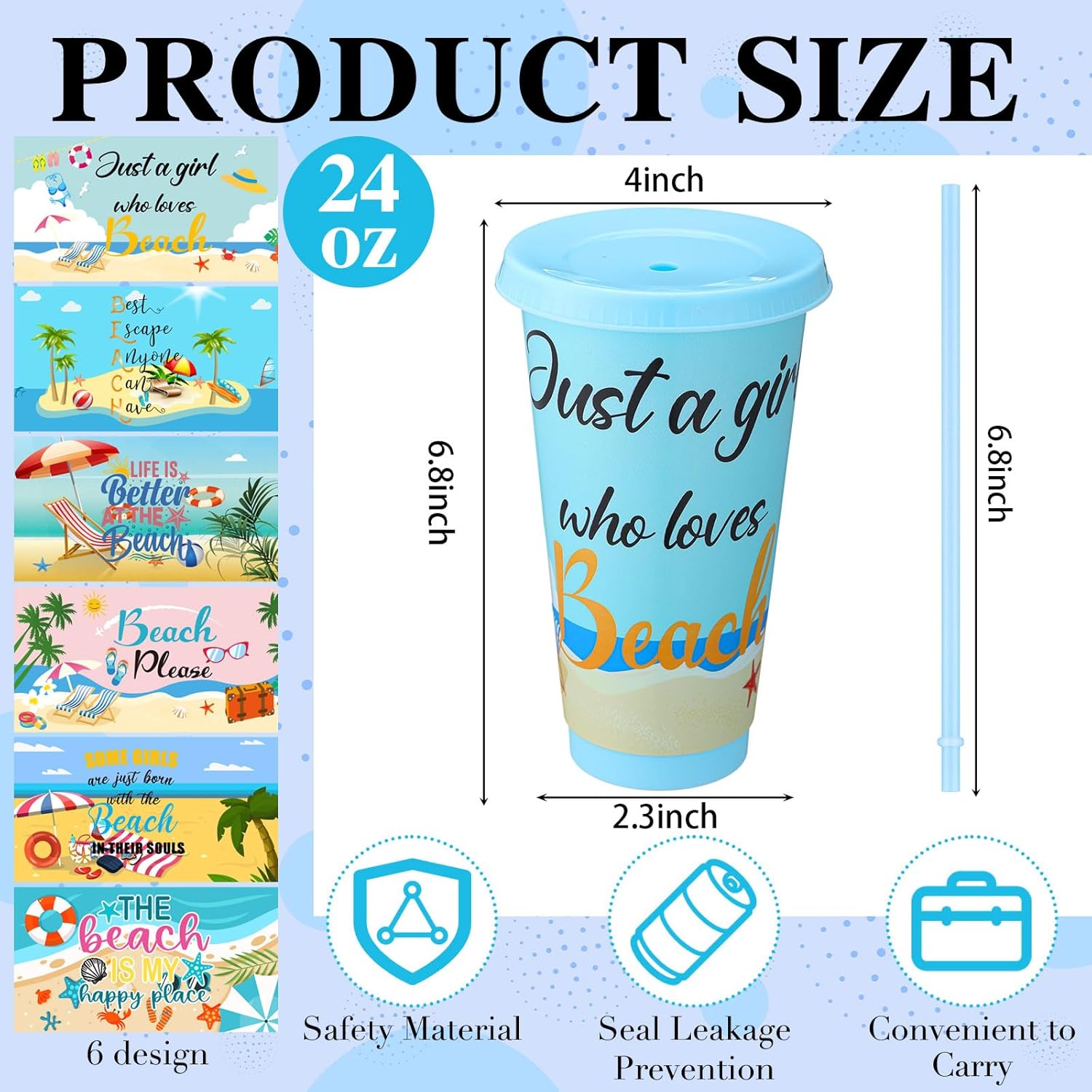 Domensi 6 Pcs Summer Beach Plastic Tumbler with Straw and Lid, 24 oz Reusable Summer Cups Bulk Hawaiian Party Travel Mug Cup for Hawaiian Luau Beach Party Drinking Supplies - Image 2