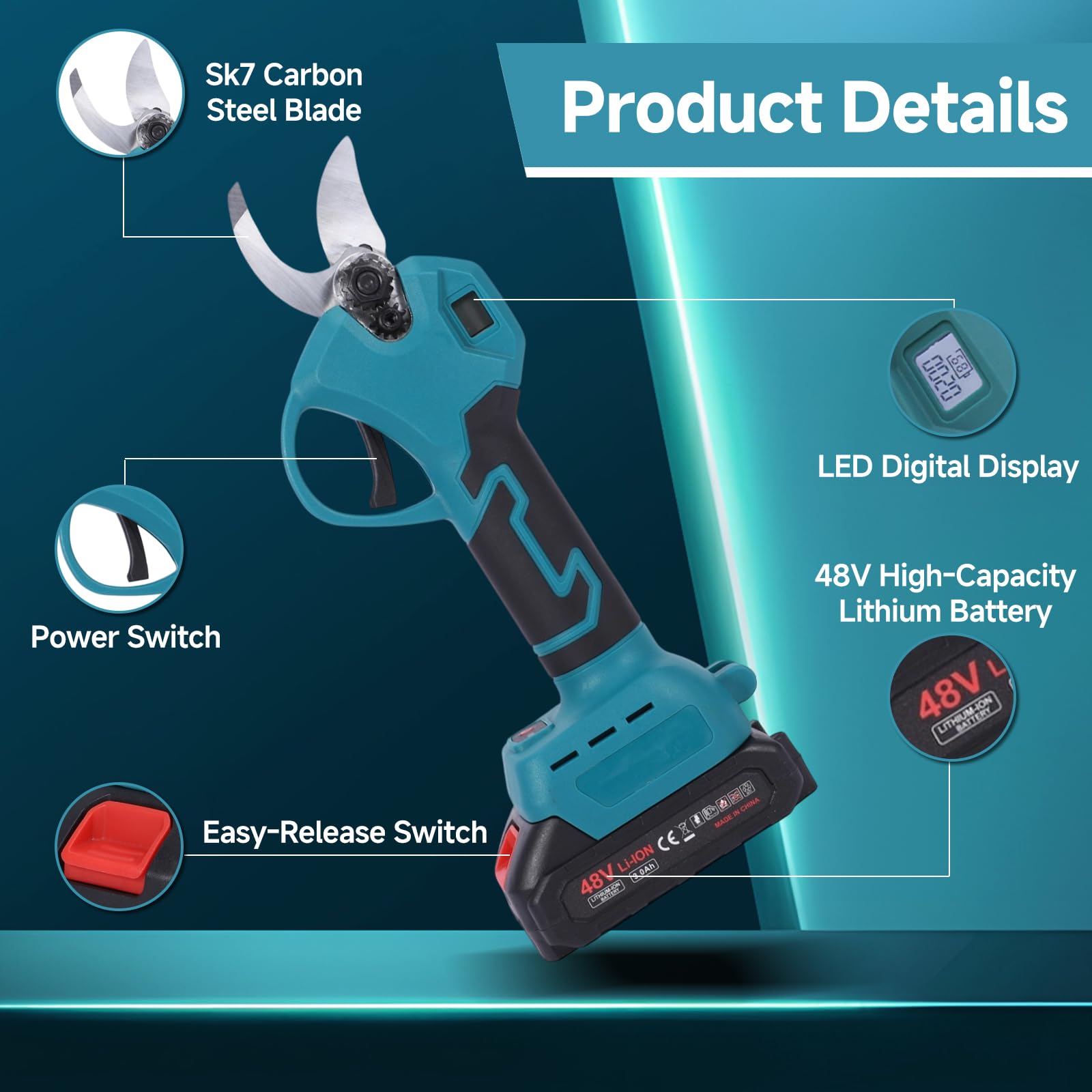 Sécateur Électrique Sans Fil Professionnel, Coupe-Branches Sur Batterie Ø 25 mm avec Lames en Acier SK5 et Interrupteur De Sécurité, 2 Batteries 3000 mAh pour Jardinage, Arbres et Vignes