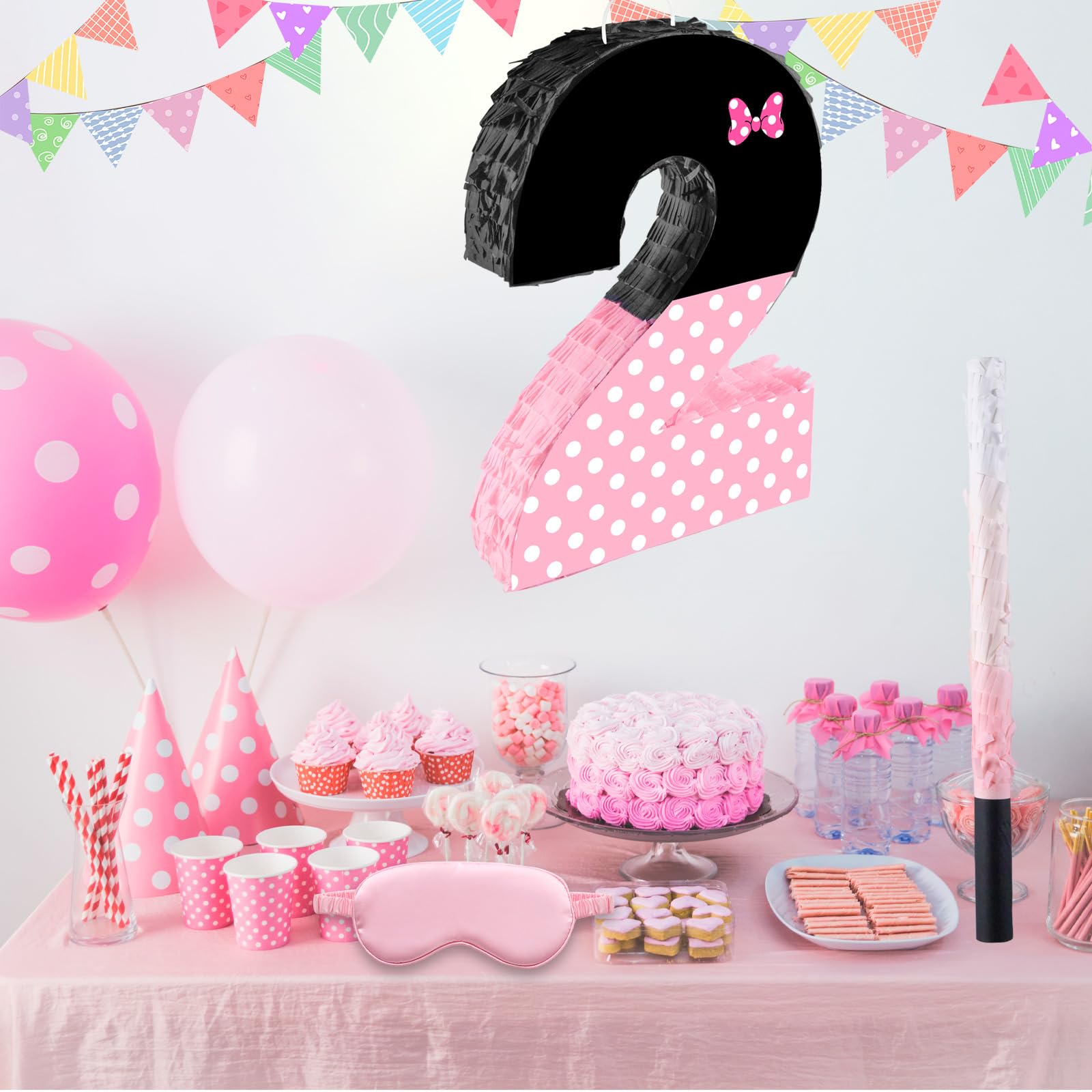 Piñata noire et rose avec nœud sur le thème du nœud, piñata à remplir avec bâton pour les yeux bandés de confettis pour filles et garçons (40 x 29 x 7,6 cm)
