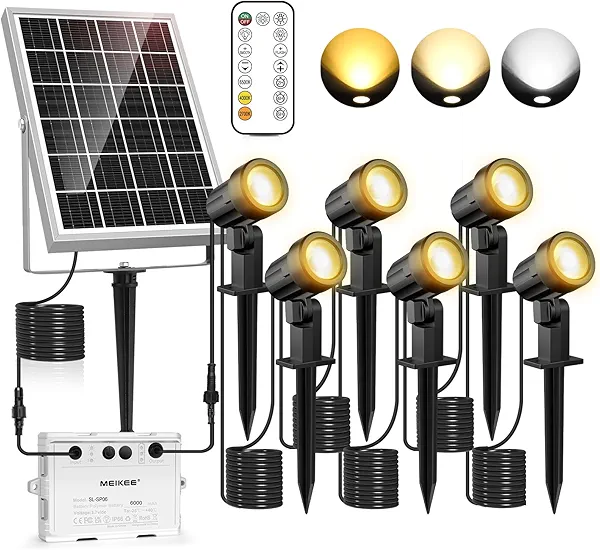 MEIKEE 6 in 1 Solar Spotlights Outdoor, 6W/6V Solar Powered Landscape Lights IP66 Waterproof Auto On/Off Landscape Spotlights with 3 Colors 56ft Cord for Garden Path Yard Patio Light
