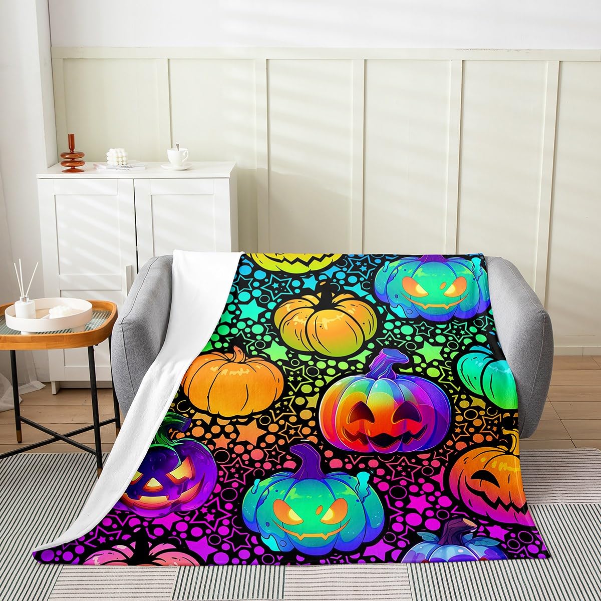 Erosebridal Halloween Fleece Blanket 40x50 inch,Gothic Pumpkin Throw Blanket for Teens Youth,Colorful Farmhouse Flannel Blanket,Happy Halloween Bed Blanket Living Room Decor
