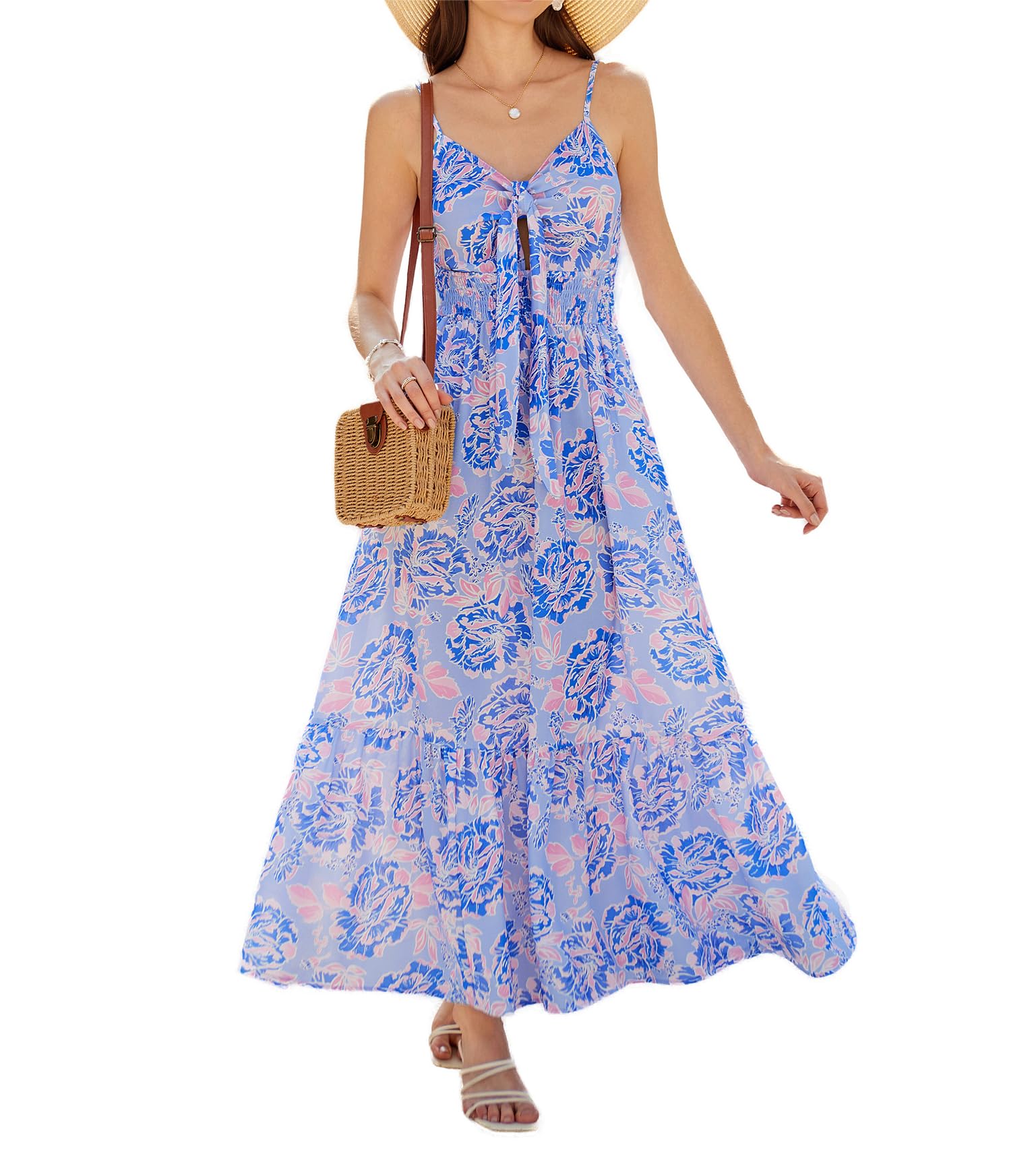 GRACE KARIN Vestido largo floral para mujer, con tirantes delgados, vestido de playa con espalda descubierta