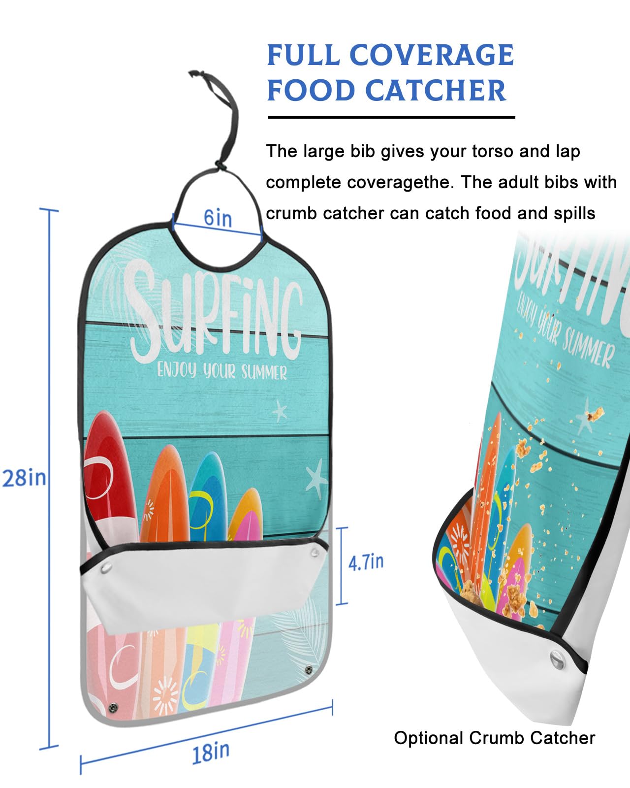 Kewadony Adult Bibs for Elderly Women - Summer Surfboard Beach Waterproof Dining Clothing Protectors with Crumb Catcher for Eating/Feeding, Ocean Teal Ombre Wood Terry Cloth Bib Machine Washable