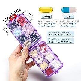 14 GRIDS Travel Pill Organizer Box with Labels - Travel Medicine Case Kit - Pocket Daily Pharmacy Container - Travel Medication Holder Dispenser for Fish Oil Vitamin Supplement Storage - Clear Purple