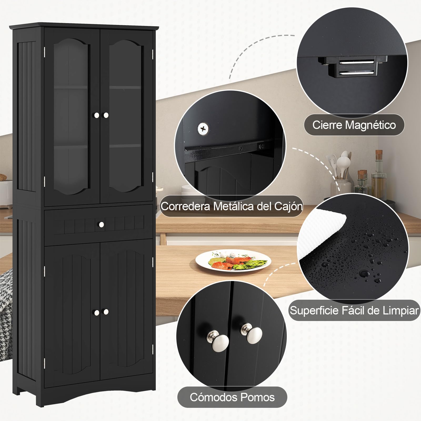 GOPLUS Armario de Baño Alto de 160 CM, Armario de Almacenamiento Independiente con Puertas de Vidrio Templado, Estantes Ajustables y Cajón Grande, Organizador Estrecho para Cocina (Negro)