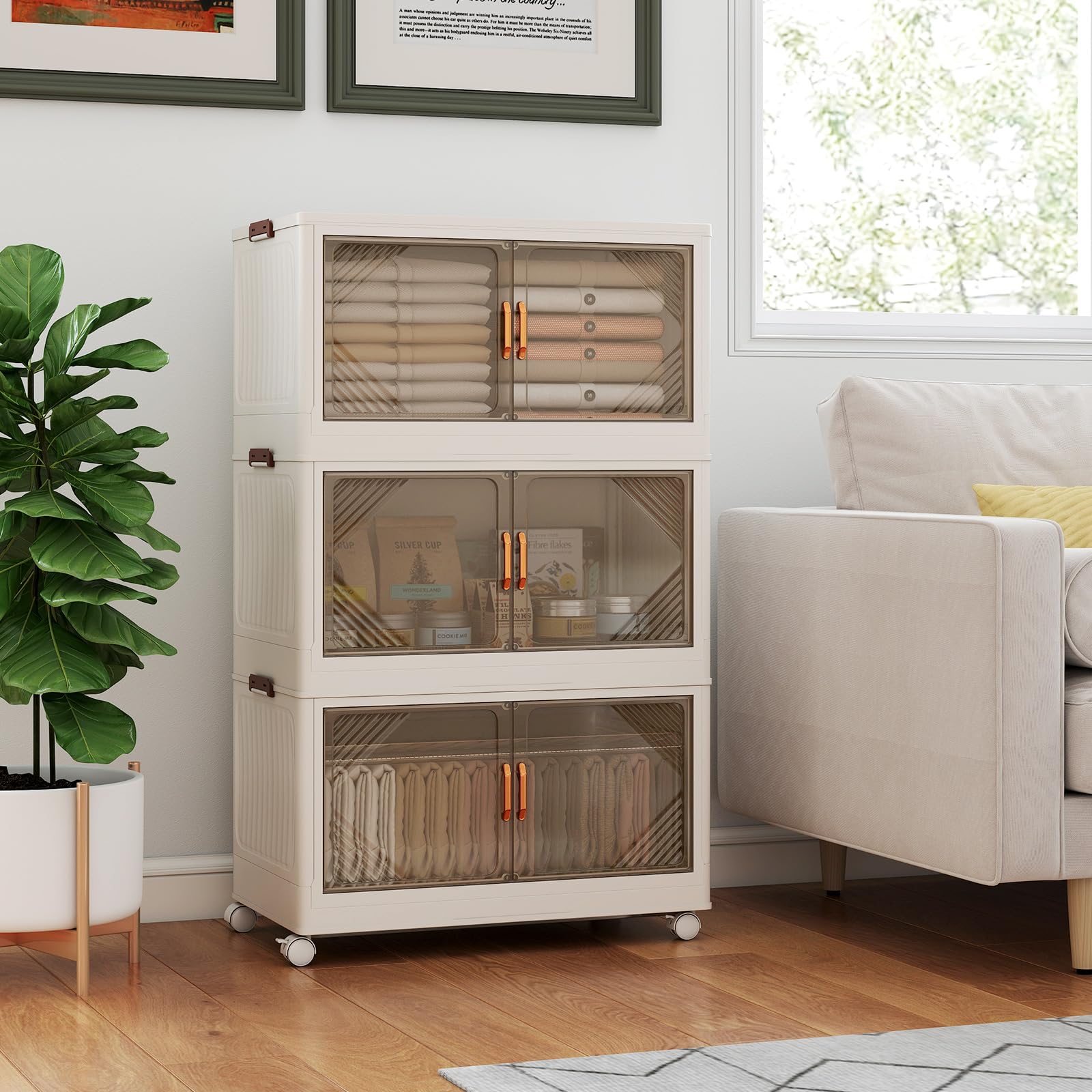 GOPLUS Caja de Almacenamiento Plegable con Tapa 159/212/265 L, Organizador Apilable con 4 Ruedas Universales y Puertas Transparentes, Armario de PP para Almacenaje y Exhibición (3 cajas / 213L)