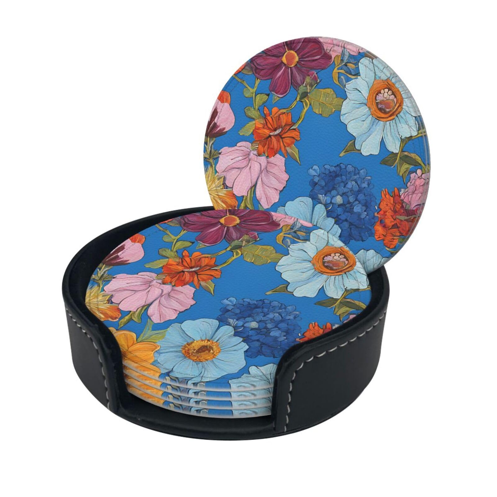 Hello Hawaii Print Coaster,Round Leather Coasters with Storage Box for Wine Mugs,Cold Drinks and Cups Tabletop Protection (6 Piece)