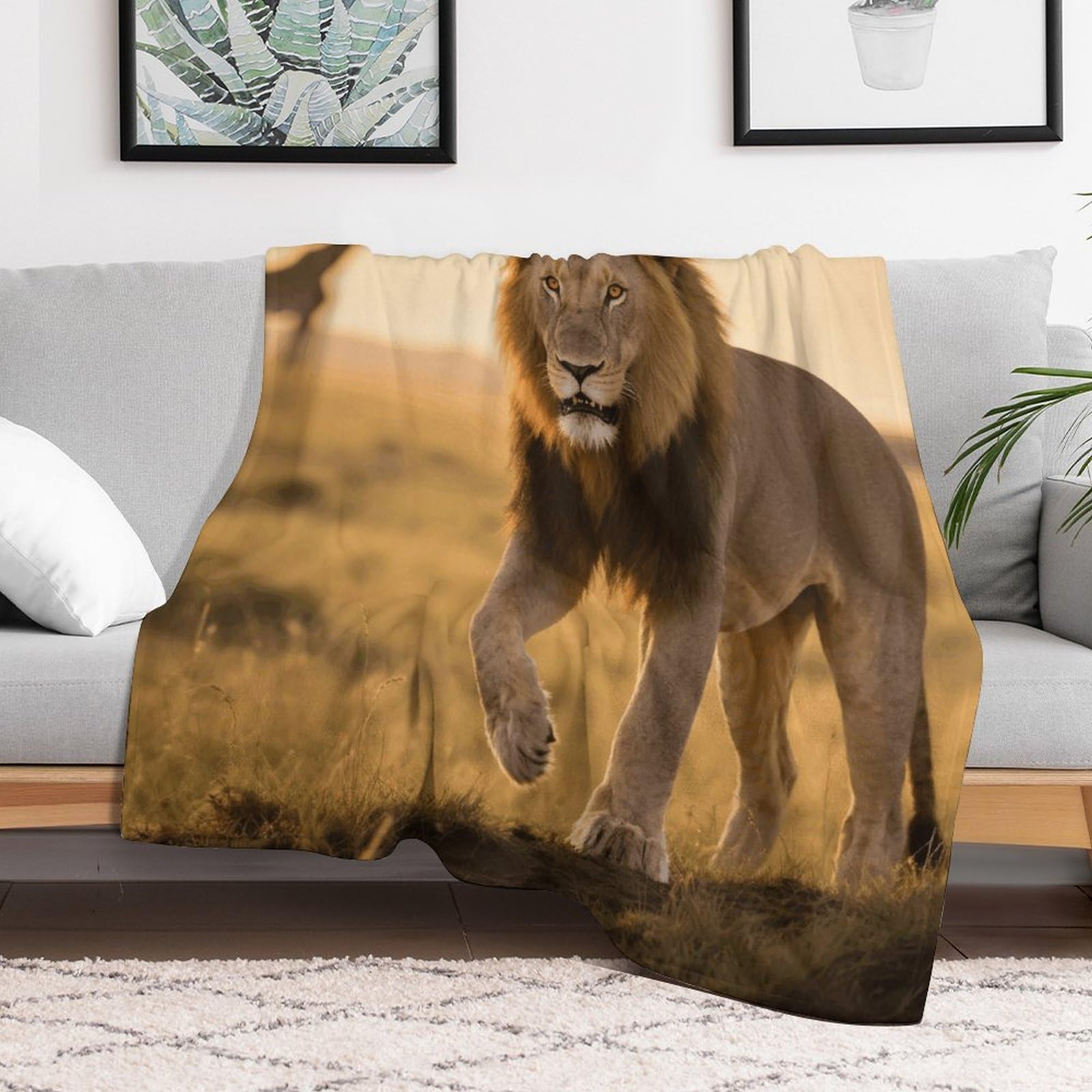 Custom Grassland Lion Blanket Lightweight Flannel Fleece Throw for Couch Sofa Bed Luxury Soft Cozy Plush Lap Bedtime Blanket for All Seasons Bedroom Home Decor Gifts 40x50