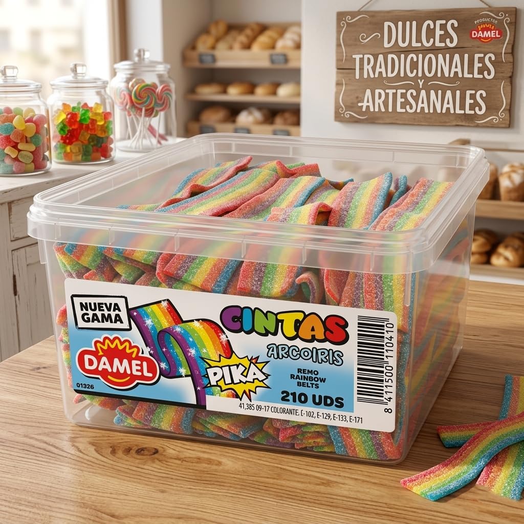 Regaliz Lenguas Damel – 210 Unidades | Dulces y Ácidas – Explosión de Sabor Arcoíris, Fresa, Cola, Frambuesa y Manzana | Ideal para Compartir, Decoración y Manualidades (Arcoiris)