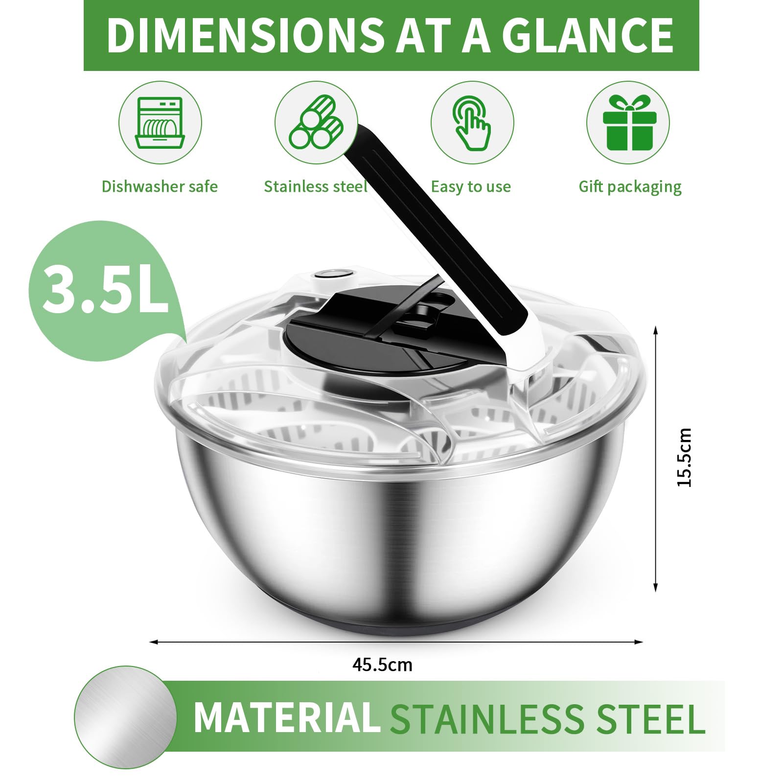ZWOOS 4,5 L Essoreuse à Salade Acier Inoxydable Grande Sécheuse à Légumes à Pression Facile à Une Main avec Couvercle ase Antidérapante Bouton Stop Salad Spinner pour Laitue Légumes Herbes Baies